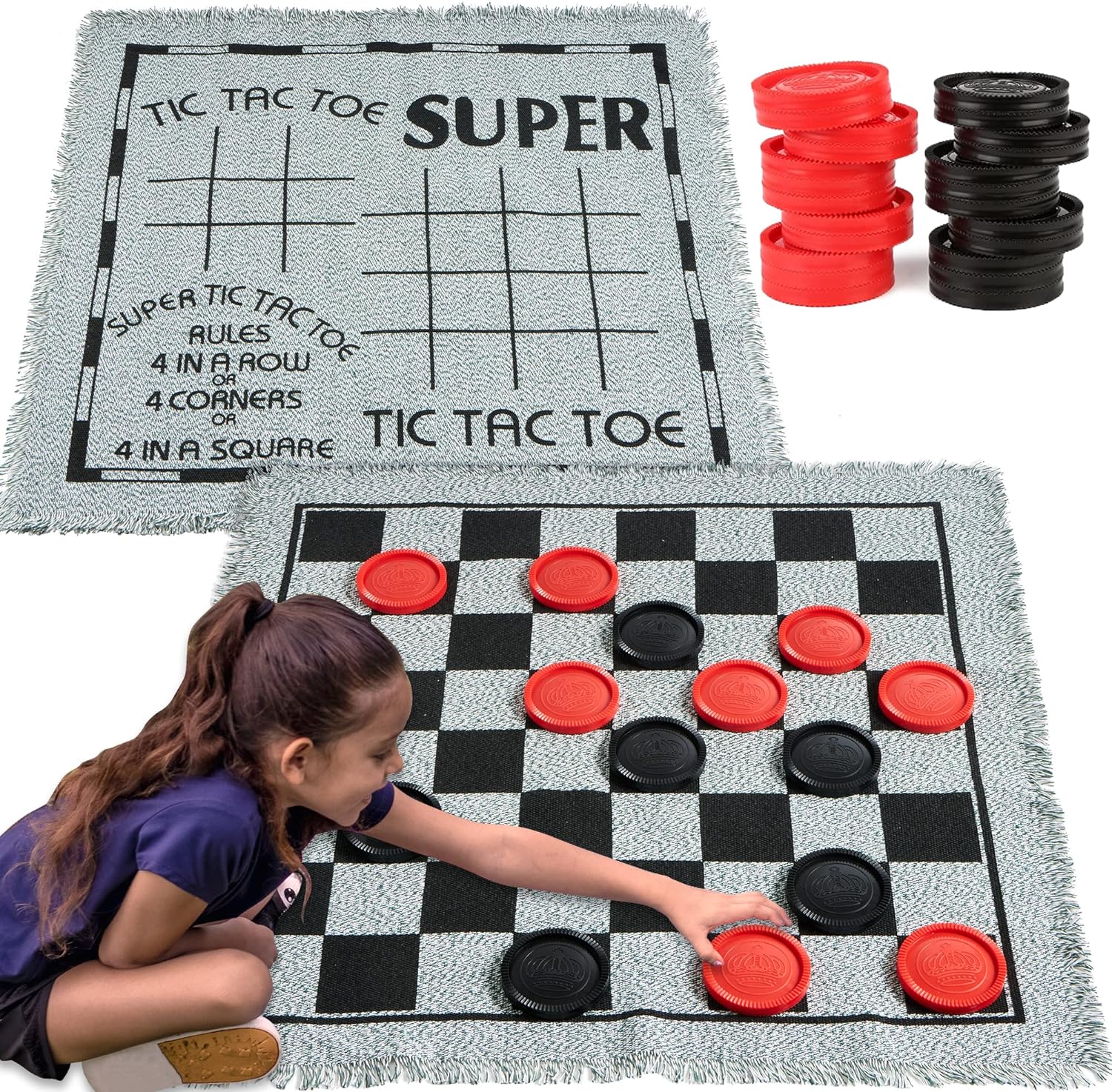 3-in-1 Vintage Giant Checkers and Tic Tac Toe Game with Reversible Mat, 24 Chips, Family Board Game, Lawn Game, BBQ Party Favor, Indoor and Outdoor Activity for Kids and Adults