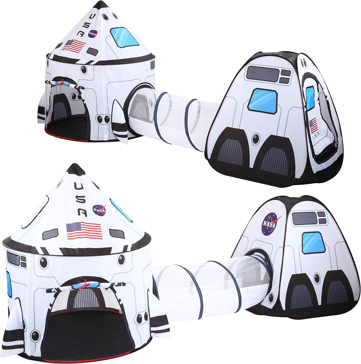 JOYIN White Rocket Ship Pop up Play Tent with Tunnel and Playhouse Kids Indoor Outdoor Spaceship Tent Set