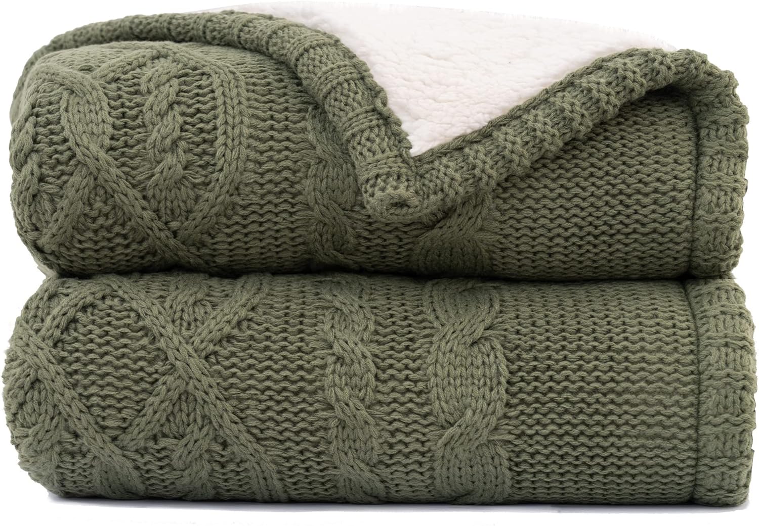 RECYCO Acrylic Cable Knit Sherpa Throw Blanket for Couch, Thick Super Soft Cozy Knit Blanket Sweater Style Sherpa Knitted Throw Blankets for Bed Sofa Chair, 50 x 60 Inches, Forest Green