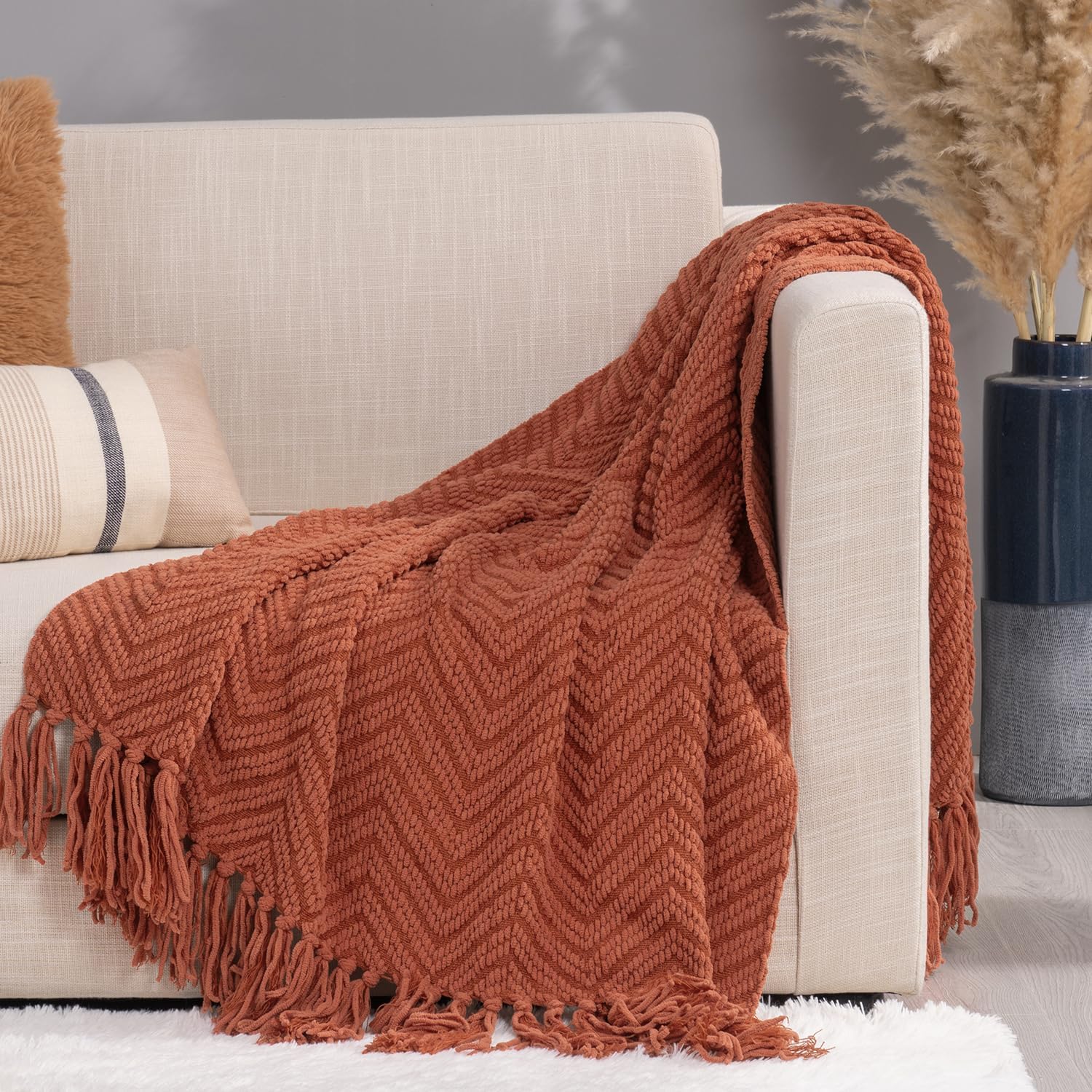 RECYCO Chenille Knit Throw Blanket for Couch, Versatile Decorative Woven Knit Chenille Blanket for Bed, Super Soft Warm & Cozy Knitted Throw Blanket with Tassels for Sofa, Chair. Rust, 50x60