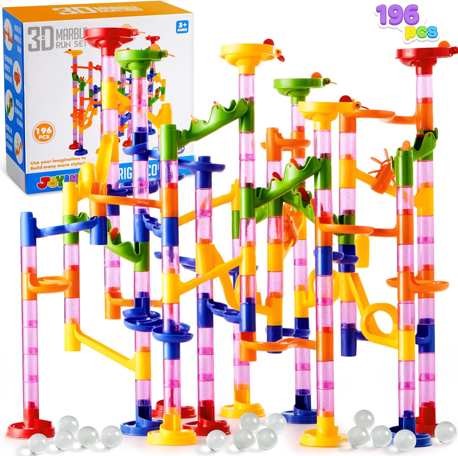 JOYIN Marble Run Premium Set196 Pcs- Construction Building Blocks Toys, STEM Educational Toy, Building Block Toy(156 Translucent Plastic Pieces  40 Glass Marbles)