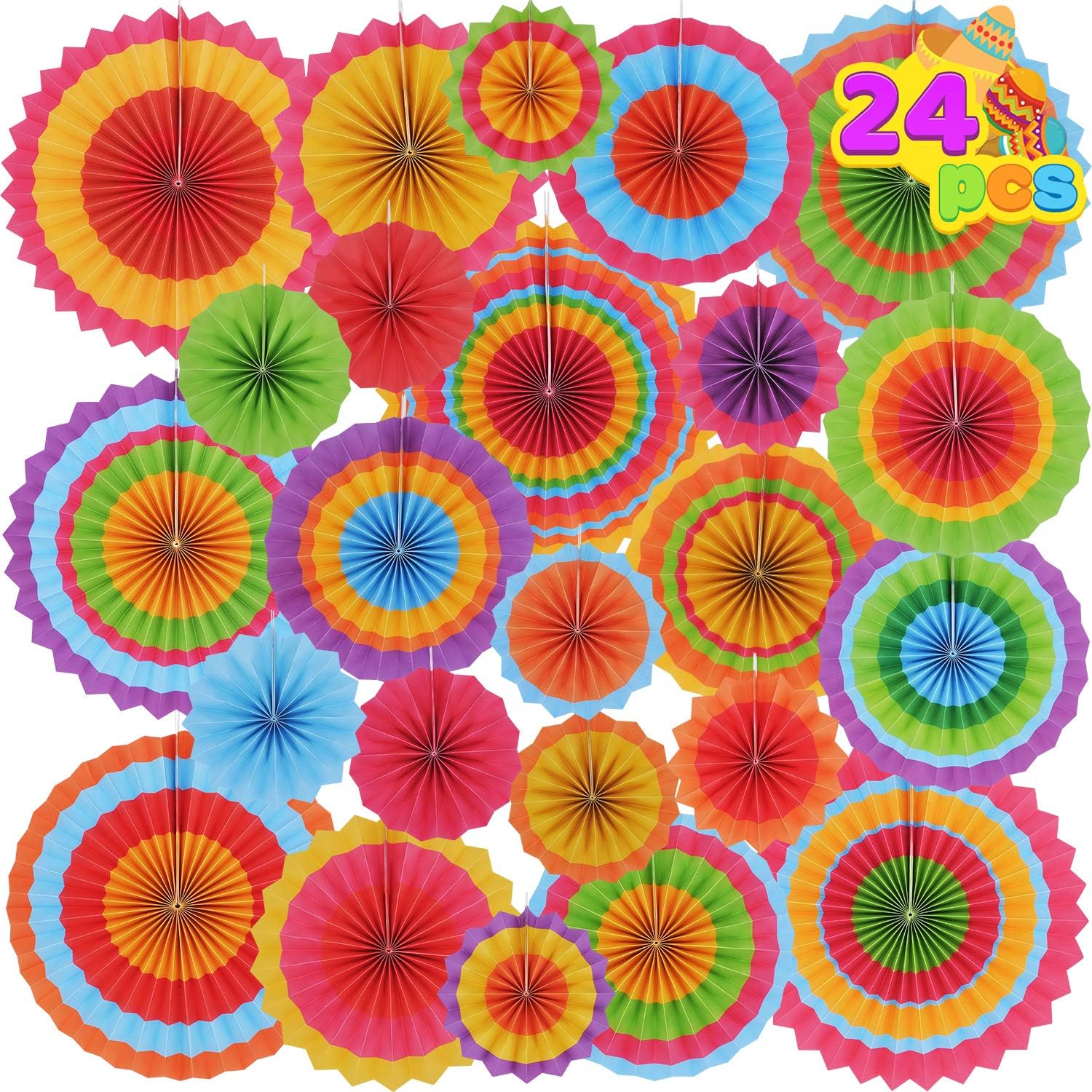 JOYIN 24 Colorful Hanging Paper Fan Round Wheel Disc for Fiesta Party Supplies Decoration, Luau Event Photo Props, Cinco De Mayo Mexican Festivals, Carnivals, Taco Tuesday Event.