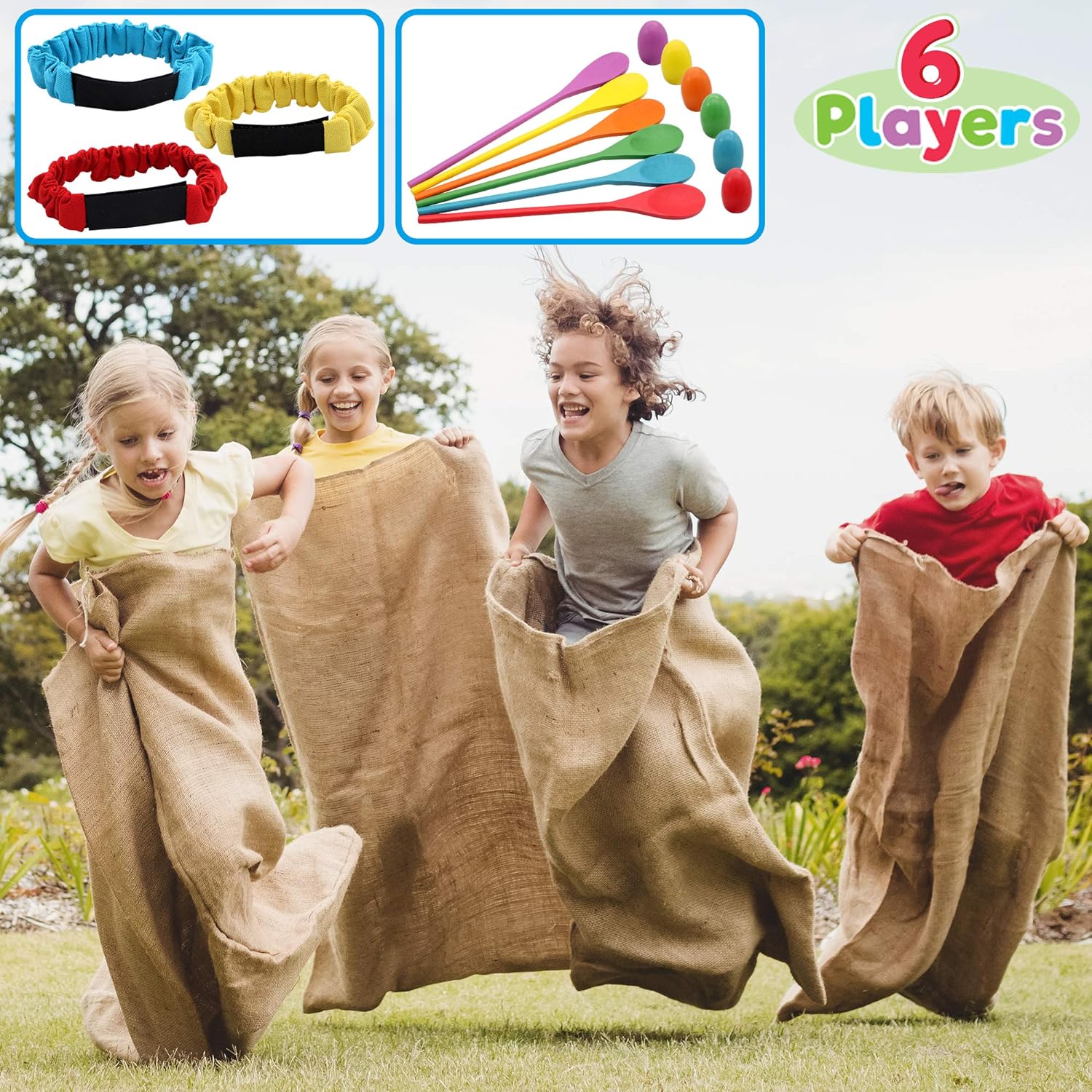 JOYIN 6 Player Carnival Games Potato Sack Race Bags, Egg and Spoon Race, Legged Relay Race Bands Elastic Tie Rope for Kids and Family Activity, Easter Eggs Hunt Outdoor Game, Lawn Yard Carnival Games