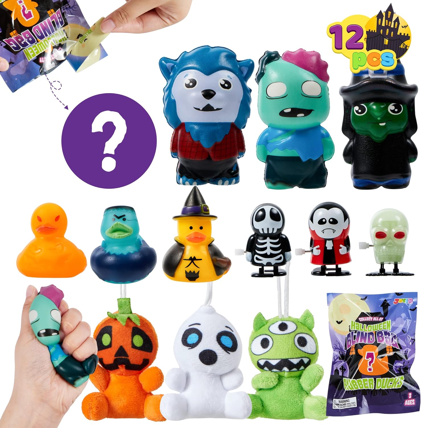 JOYIN 12 Pieces Blind Bags Halloween Windup Slow Rise Plush Toys Rubber Duck Random Set Stress Relief Toy for Halloween Party, School Party, Surprise Party