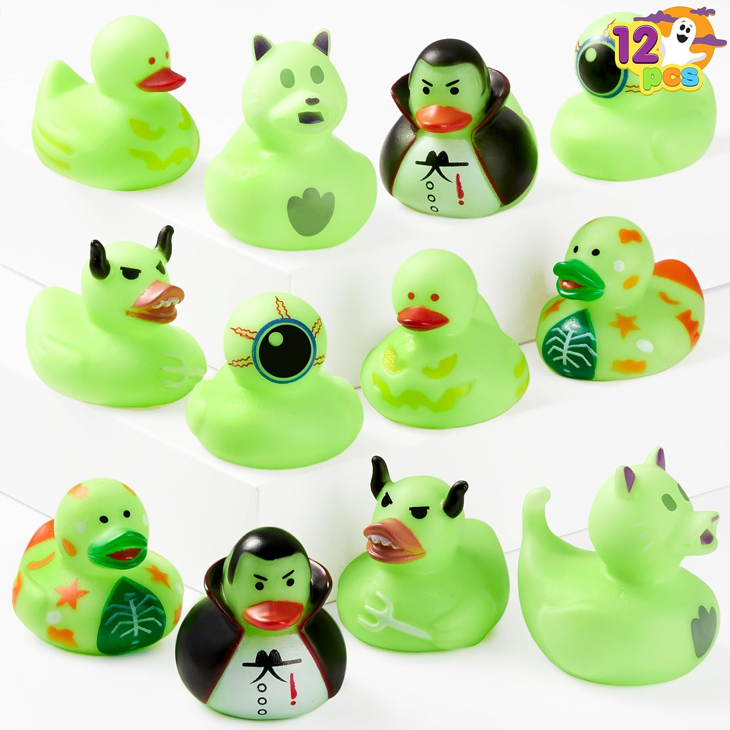 JOYIN 12 PCS Halloween Rubber Duckies Toy, 6 Design Glow in The Dark for Bath Shower Classroom Incentive, Halloween Party Favor, Halloween Themed Bathtub Toys