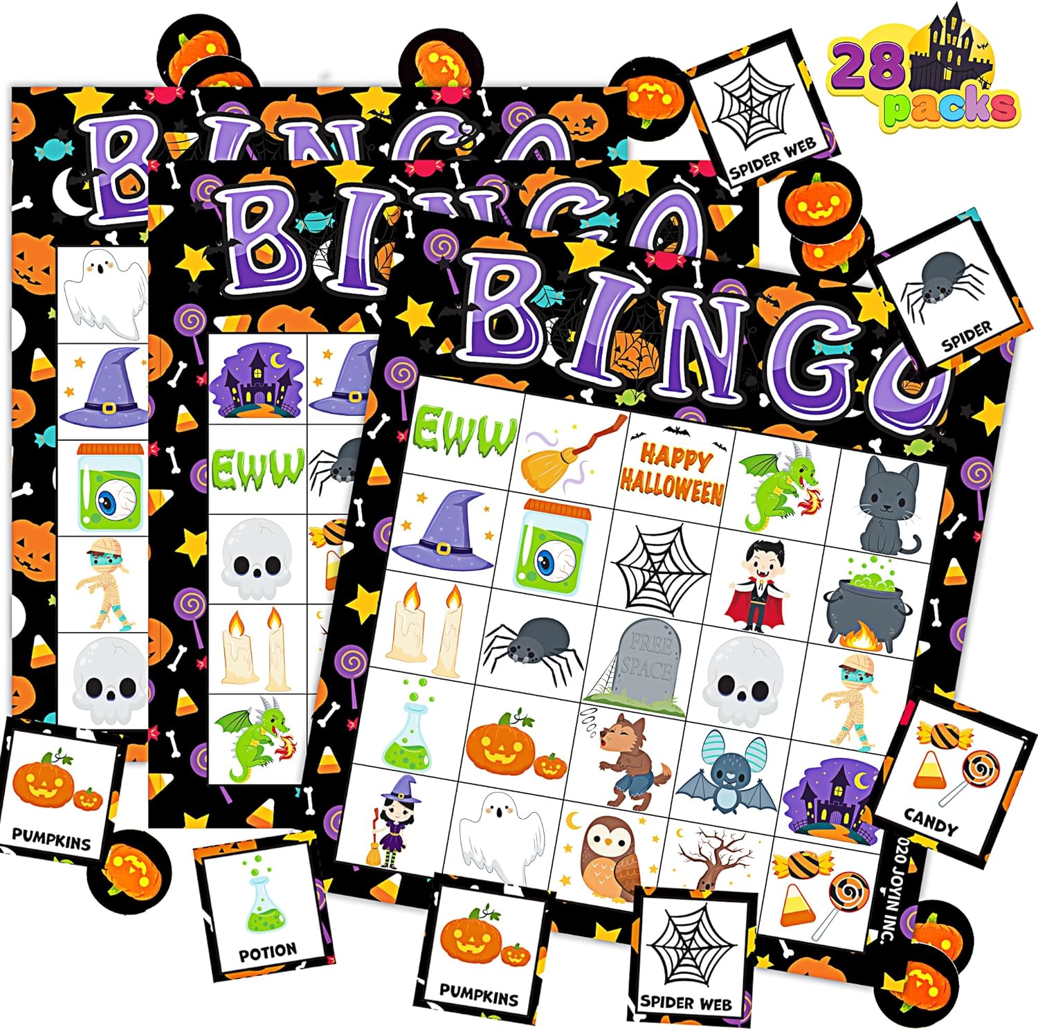 JOYIN 28 Halloween Bingo Game Cards (5X5) for Kids Halloween Party Card Games, School Classroom Games, Halloween Party Supplies, Family Activity