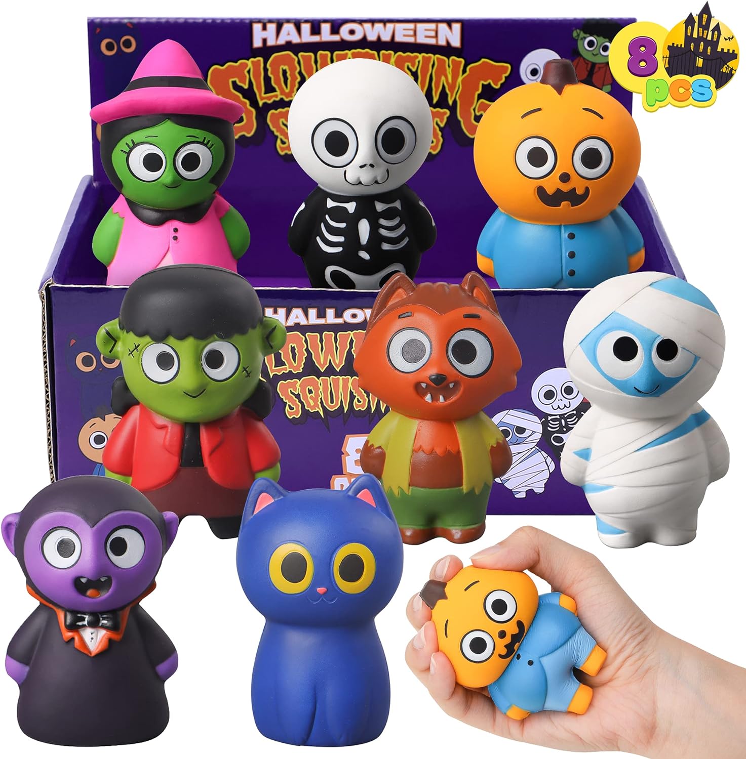 JOYIN 8 Pcs Halloween Squishy Toy in 8 Halloween Characters, Slow Rising Stress Relief Toys for Kids Halloween Party Favors, Halloween Goodie Fillers, Trick or Treat Gift Exchange