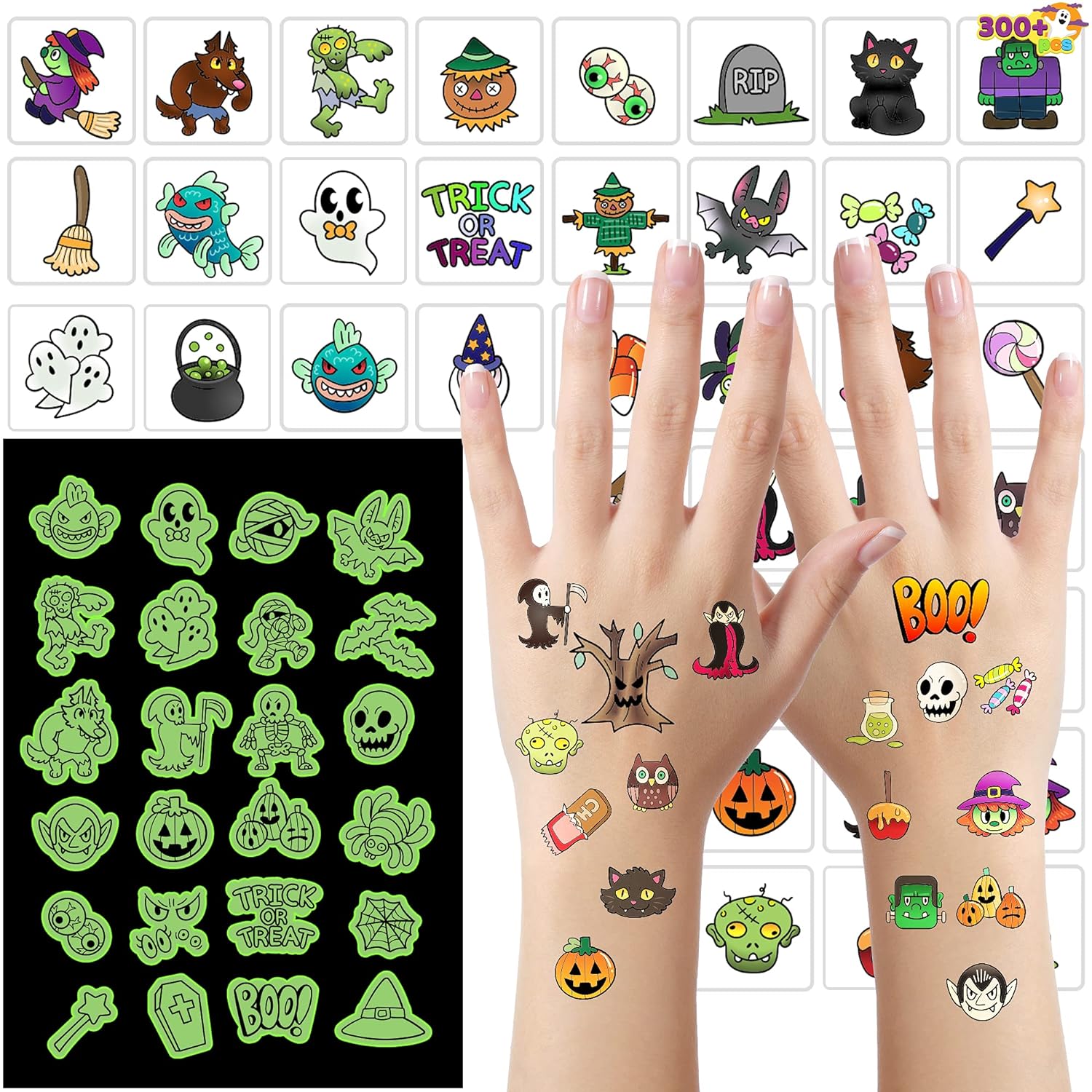 JOYIN 300+ Assorted Halloween Tattoos, 42 Designs including Glow in the Night Children Tattoos for Halloween Trick or Treat Party Favor and Supplies, Themed Gifts