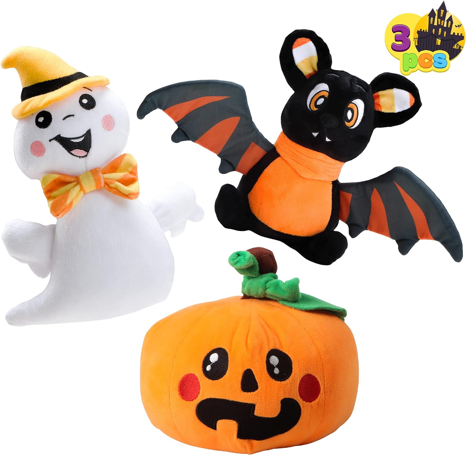 JOYIN Halloween Stuffed Plush Toys Set, 3 Pack Halloween Stuffed Plush Dolls(Ghost, Pumpkin & Bat), Best Gift Suitable for Party Favors, Exchange, Carnival Game Prizes