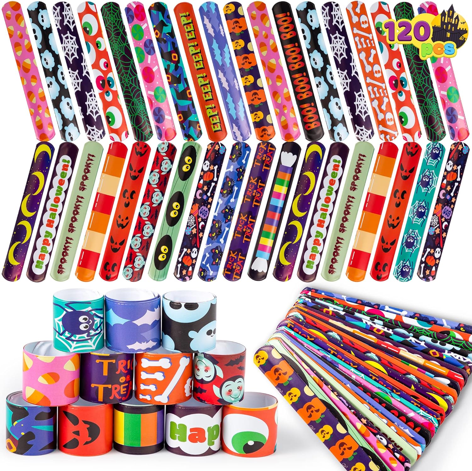 JOYIN 120 PCS Halloween Slap Bracelets Party Favors for Kids - 24 Designs Bracelets for Halloween Decorations, Halloween Treat Bag Stuffers, Non-candy Gift