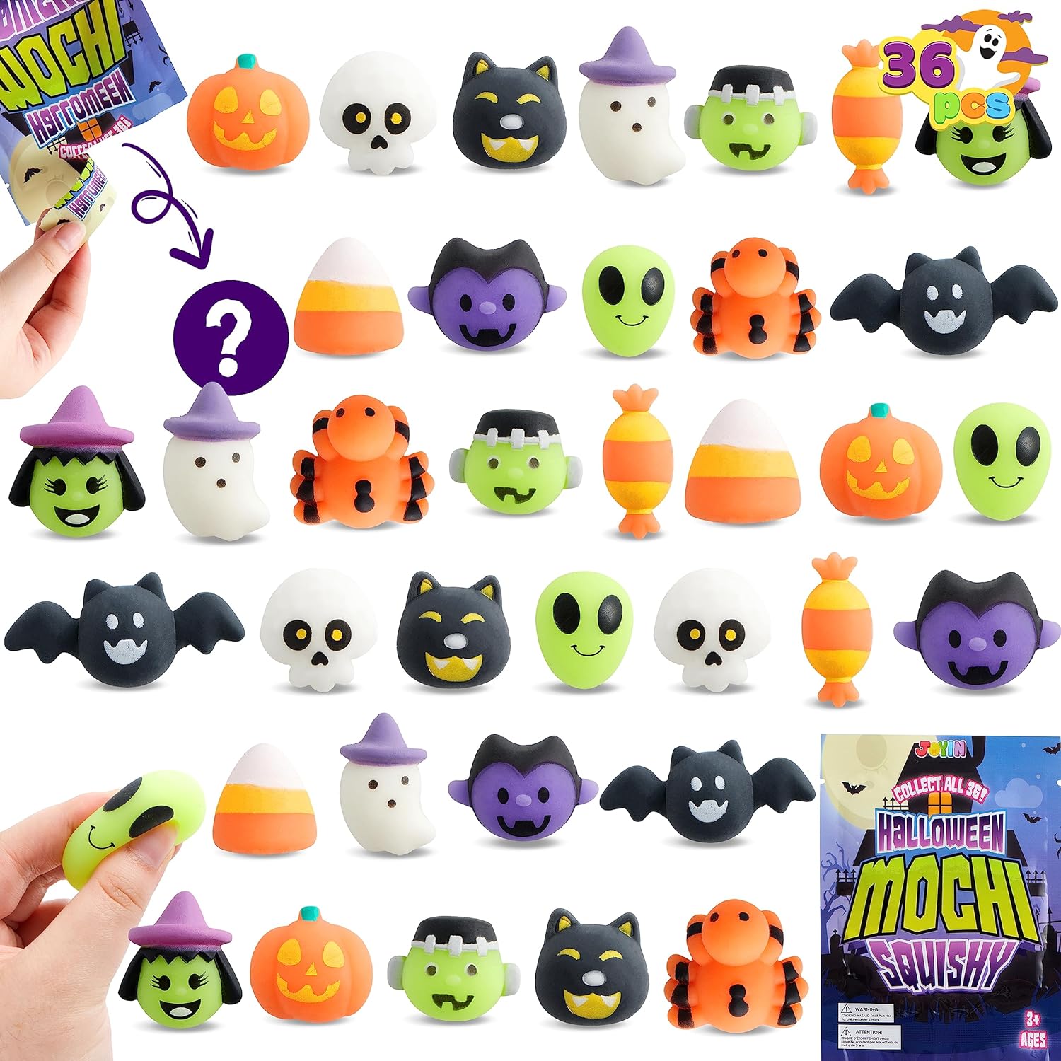 JOYIN 36 Pcs Halloween Mochi Squishy Toy in Blind Bags with 12 Halloween Characters for Stress Relief, Halloween Mystery Toy Surprise Bag for Kids Halloween Party Favors, Halloween Goodie Fillers