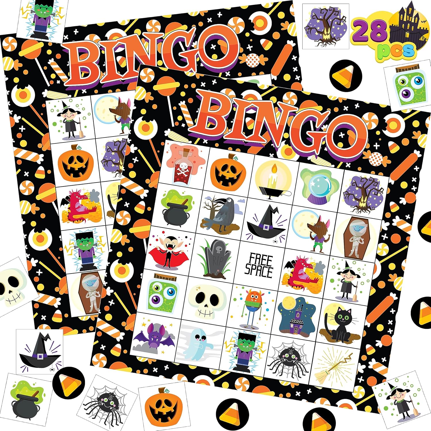 JOYIN 28 Player Halloween Themed Bingo Game Card for School/Family Activities Halloween Party Gifts Halloween Crafts for Classroom School Supplies Board Games