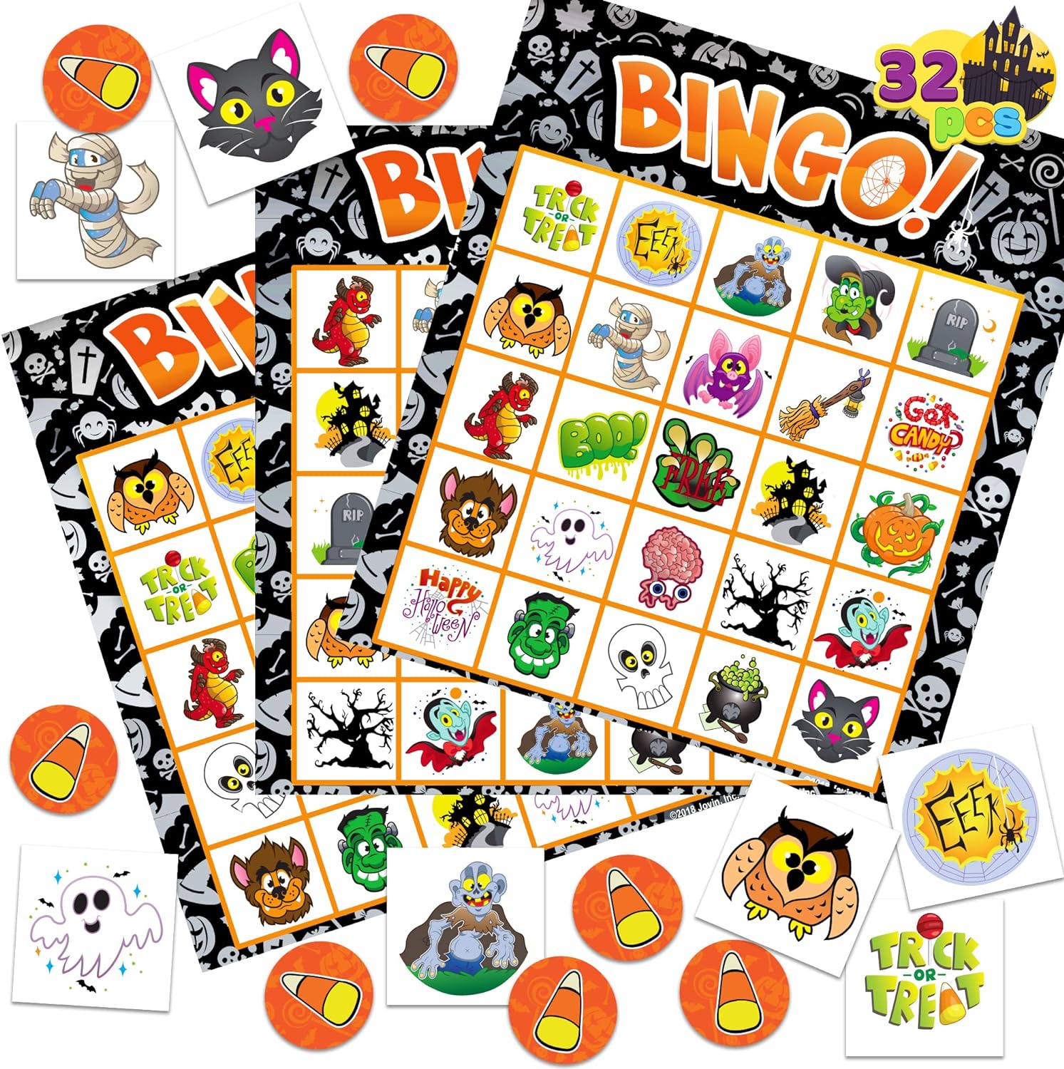 JOYIN 32 Halloween Bingo Game Cards (4x4 & 5x5)  16 Players for Halloween Party Card Games, School Classroom Games, Halloween Party Supplies, Family Activity