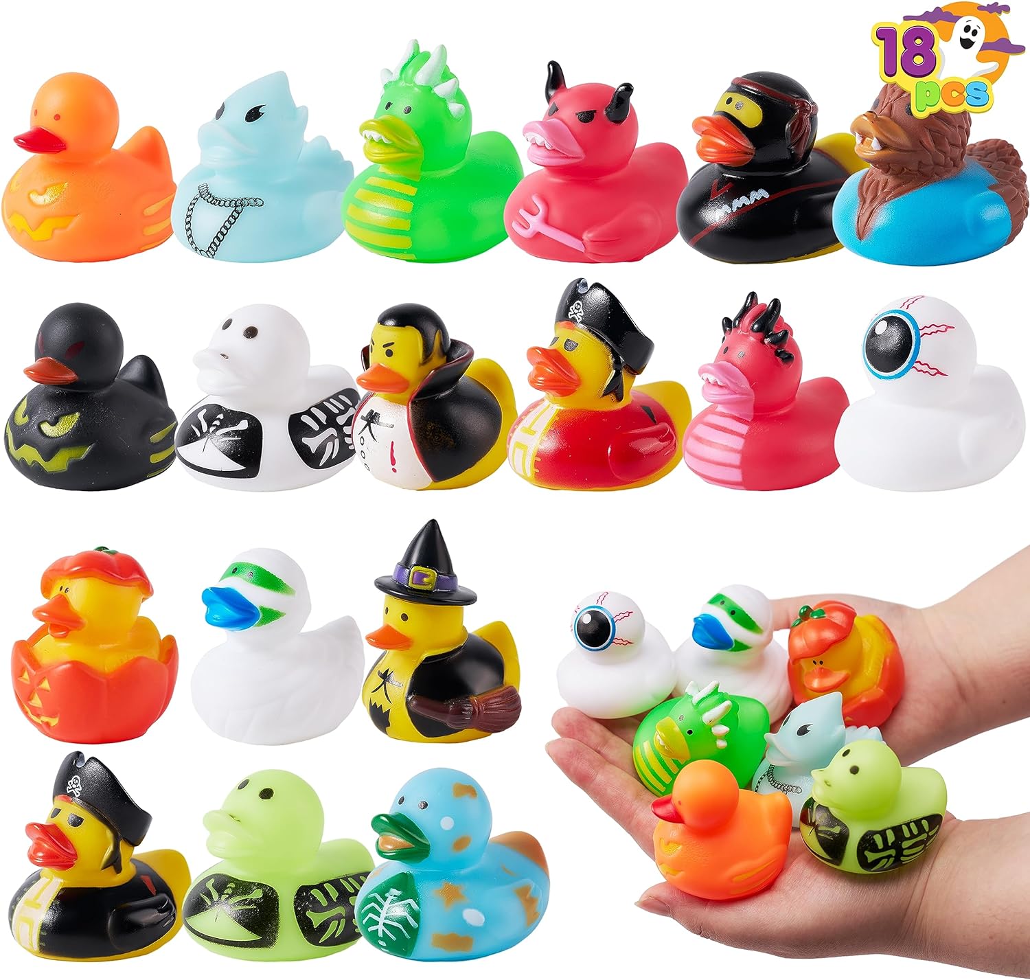 JOYIN 18 PCS Halloween Novelty Rubber Duckies, Halloween Classic Featured Duckies Great for Halloween Party Favors, Baby Baths, Halloween Themed Pool and Celebrations, Bathtime Toys for Toddlers