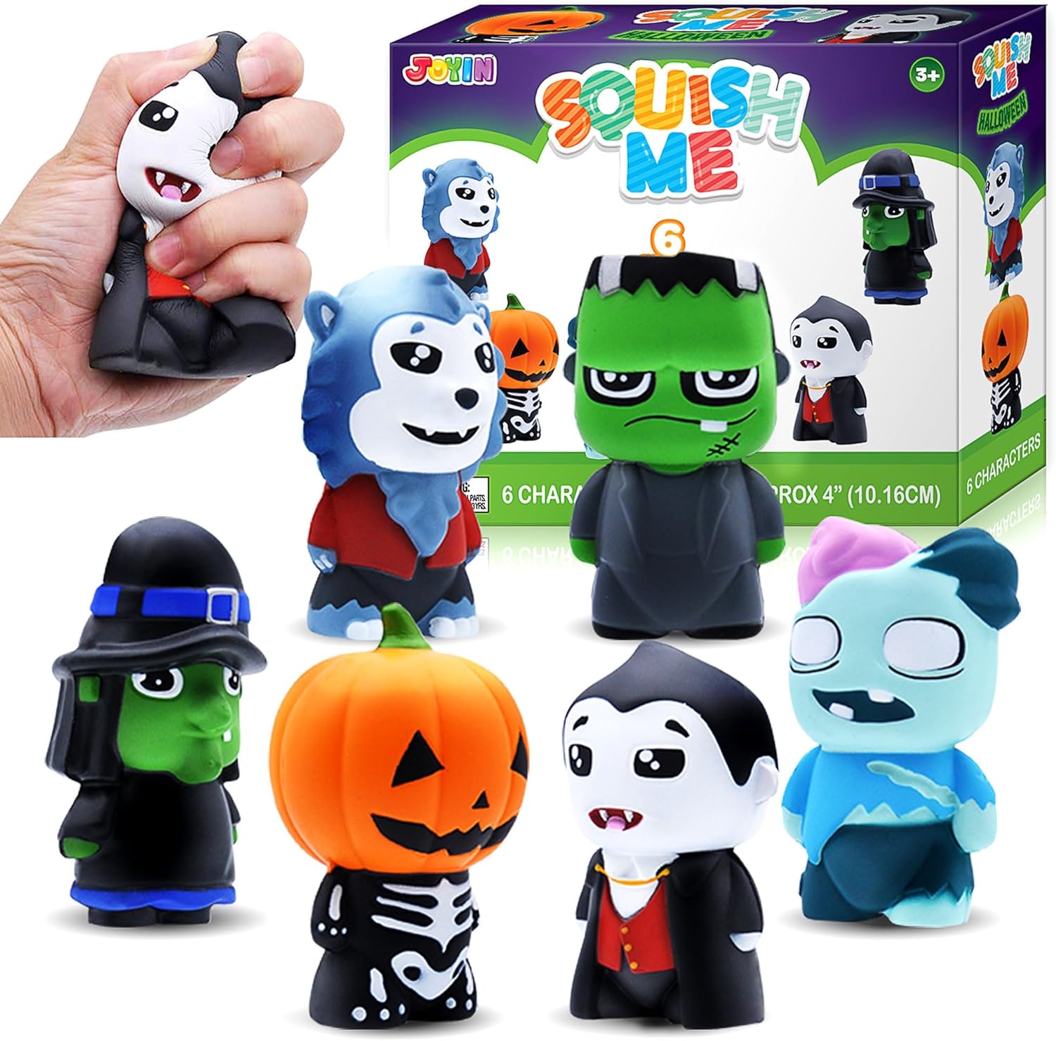 JOYIN 6 Pack Halloween Themed Squishy Toys Slow Rising Stress Relief Super Soft Squeeze Kawaii Cute Halloween Friends Characters Toys for Boys Girls