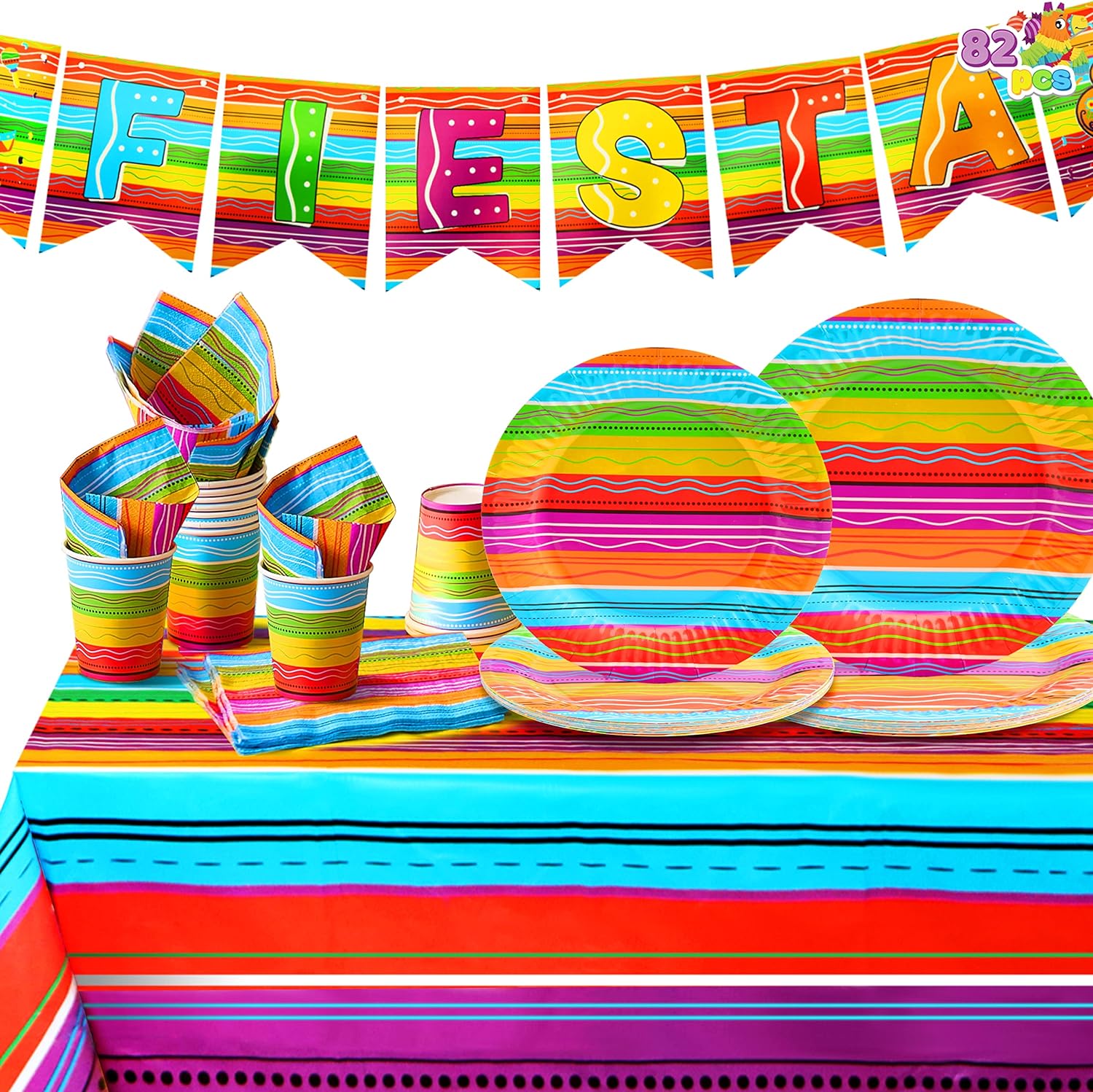 JOYIN 82 PCS Mexican Themed Fiesta Party Supplies Set Including Plates Cups Napkins Tablecloth and Banner for Cinco de Mayo, Mexican-Themed School Dance, Fiesta Themed Party