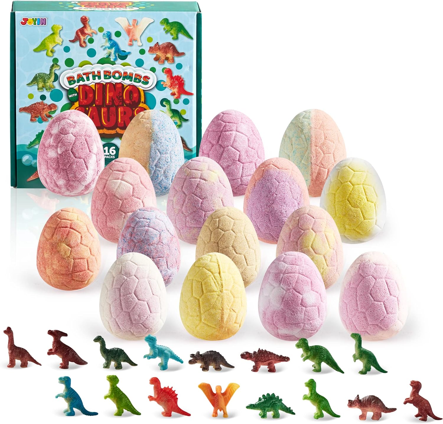 JOYIN 16 Packs Bath Bombs with Dinosaur Toys, Bubble Bath Bombs with Surprise Inside, Natural Essential Oil SPA Bath Fizzies Set, Christmas Party Favors for Boys Girls