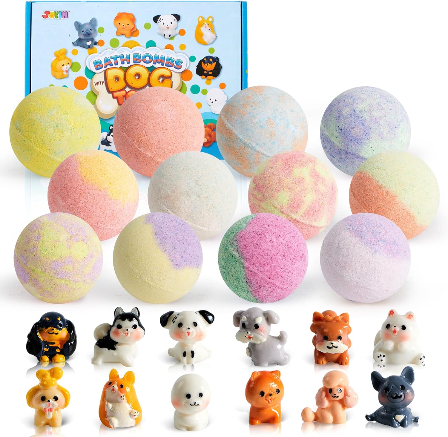 JOYIN Bath Bombs with Cute Dogs Figures for Kids, 12 Packs Bubble Bath Bombs with Surprise Inside, Natural Essential Oil SPA Bath Fizzies Set, Christmas Party Favors for Boys Girls Birthday Gifts