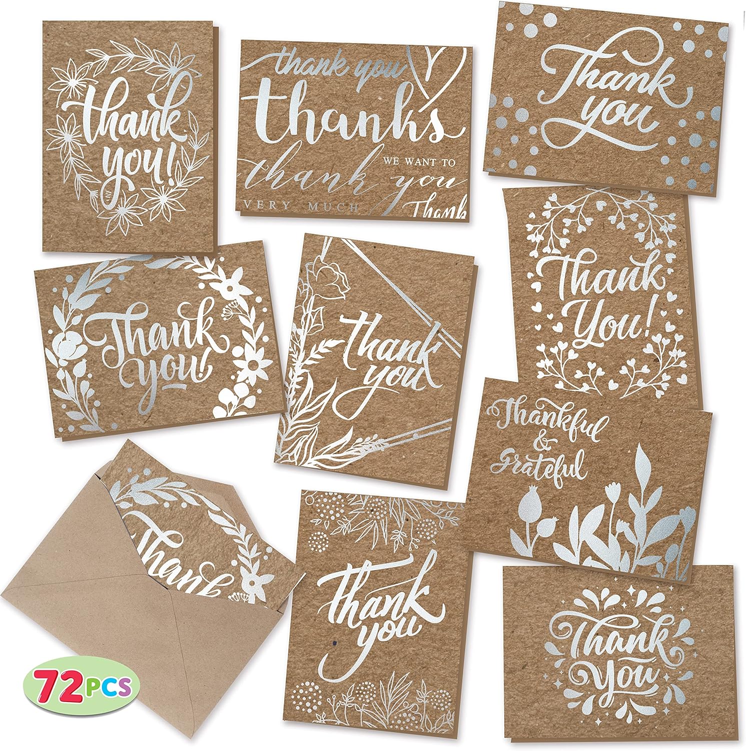 JOYIN 72 Pcs Thank you card Kraft Paper Silver Foil Greeting Cards with Envelopes and Stickers, Calligraphy Thank You Greeting Cards for Wedding, Business, Christmas