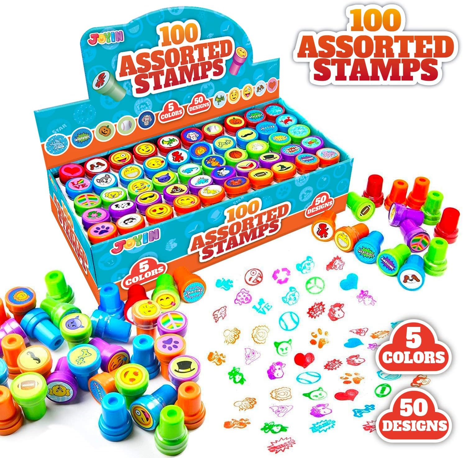 JOYIN 100PCS Assorted Stamps for Kids Self-Ink Stamps for Party Favor, Teacher Stamps, Kids Treasure Box, Prize for Classroom, Easter Egg Stuffers (50 Designs, Dinosaur, Halloween Stampers)