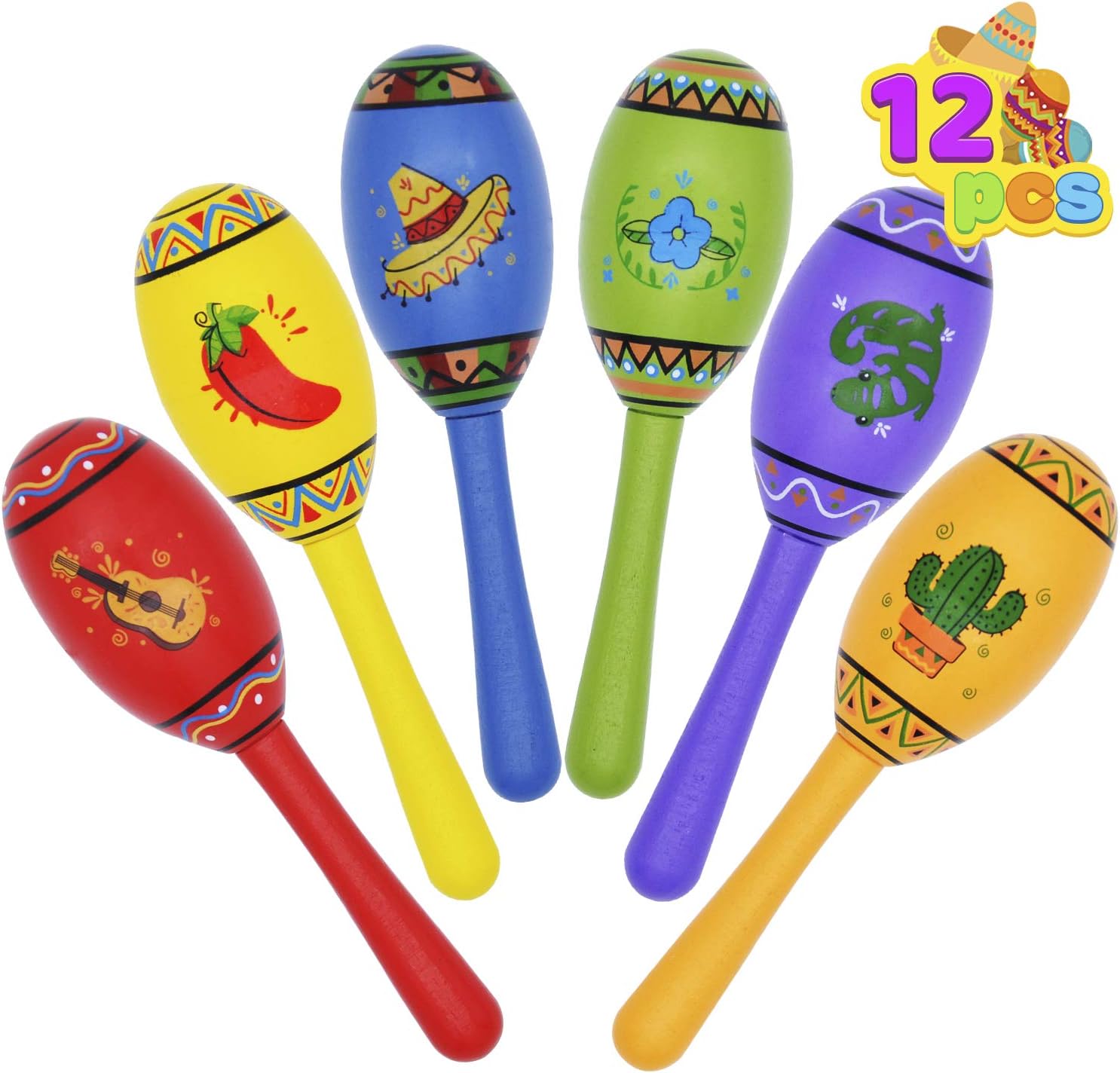 12 Mini Wooden Fiesta Maracas 6 Designs Noisemaker for Mexican Fiesta, Cinco De Mayo Party Favors, Musical Fun, Birthday Parties, Luau Party, Carnivals, Taco Tuesday Event