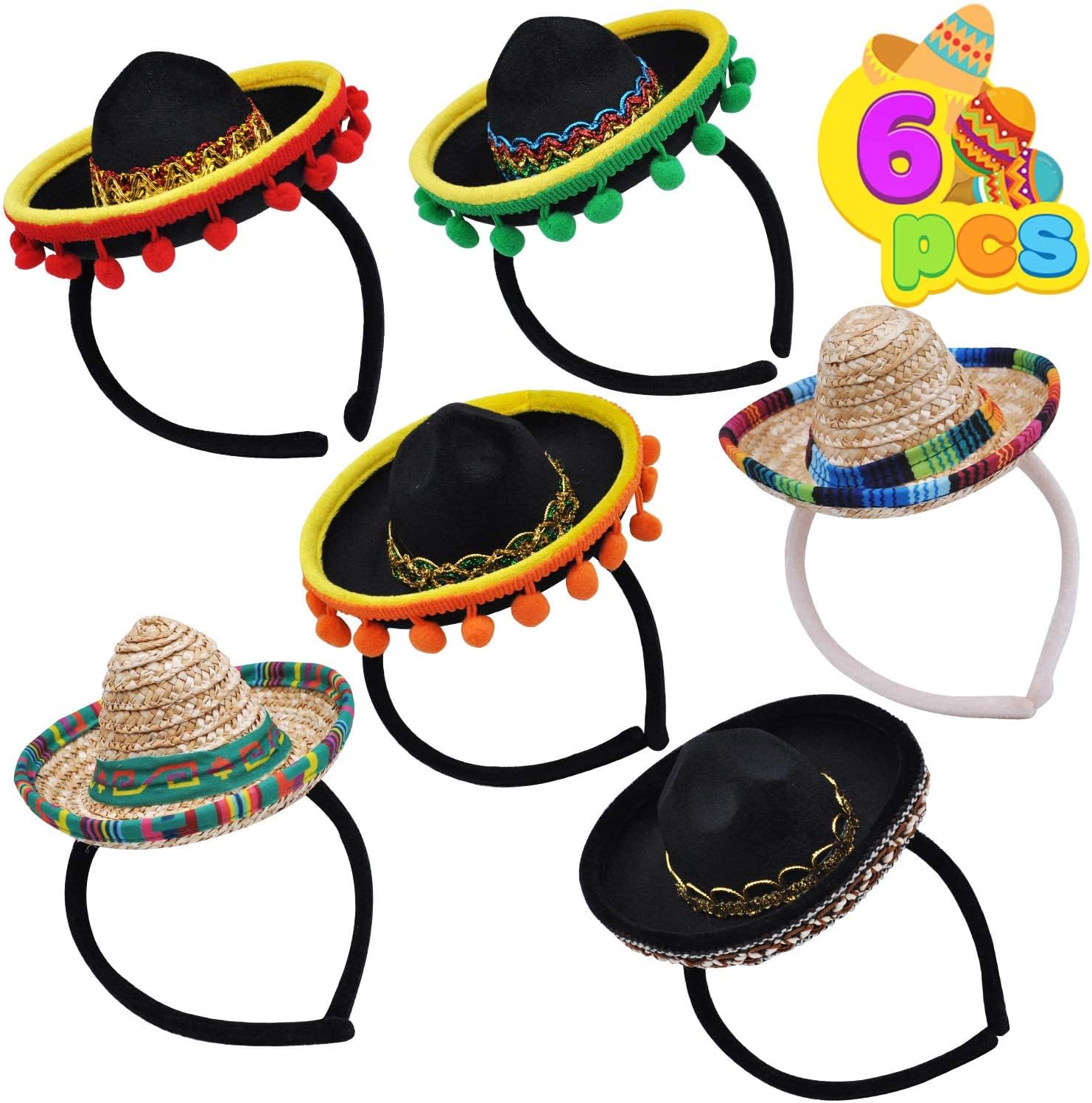 JOYIN 6 PCS Cinco De Mayo Fiesta Fabric and Straw Sombrero Headbands Party Costume for Fun Fiesta Hat Party Supplies, Luau Event Photo Props, Mexican Theme Decorations and Party Favors