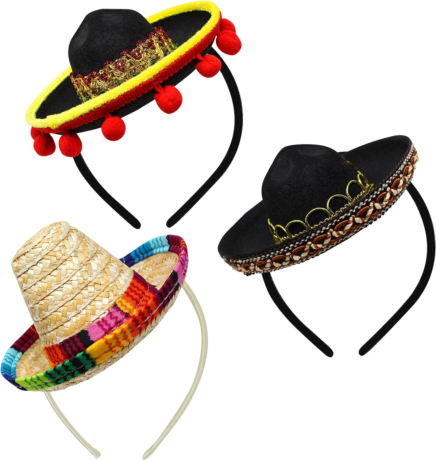 JOYIN 3 PCs Cinco De Mayo Fiesta Fabric and Straw Sombrero Headbands Party Costume for Fun Fiesta Hat Party Supplies, Luau Event Photo Props, Mexican Theme Decorations, Dia De Muertos and Party Favors