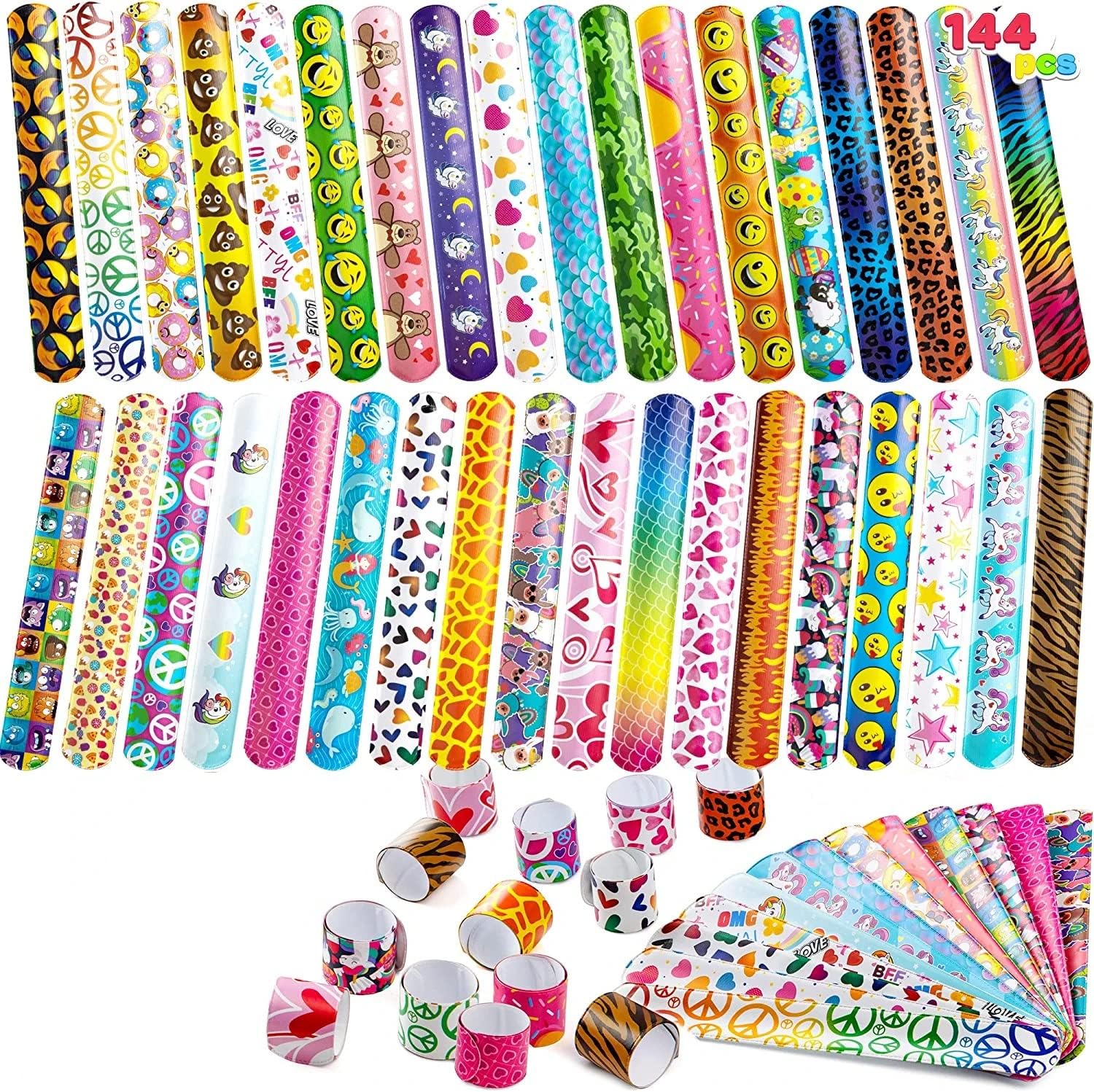 JOYIN 144 Pcs Slap Bracelets for Kids Bulk Wristbands with Animals, Friendship, Heart Print 36 Designs, for kids Easter Party Favors, Valentine Classroom Prizes Exchanging Gifts