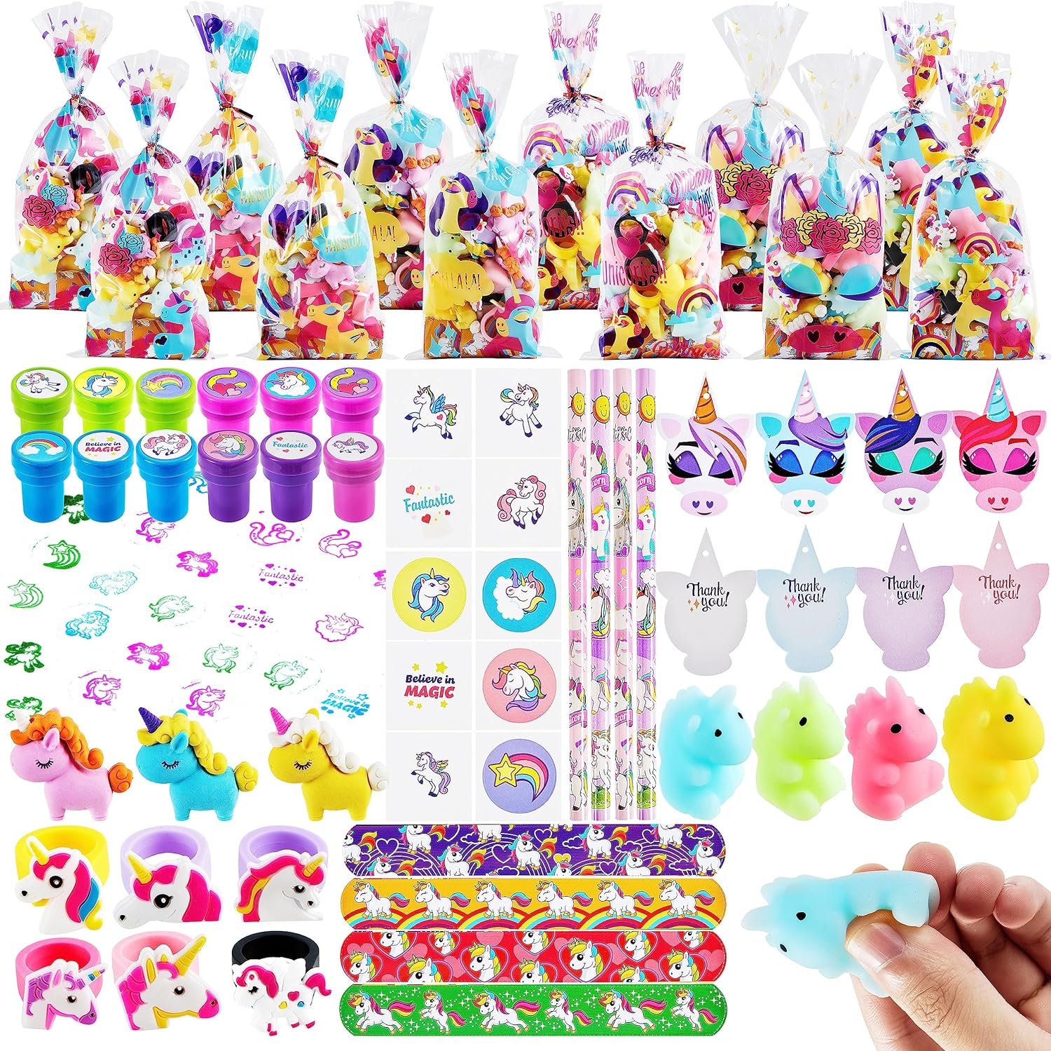 JOYIN Unicorn Theme Toy, 12 Pack Goody Bags with 108 Pcs Unicorn Gift Tags, Include Unicorn Mochi, Slap Bracelet, Ring, Sticker, Eraser Exchange Game Prizes