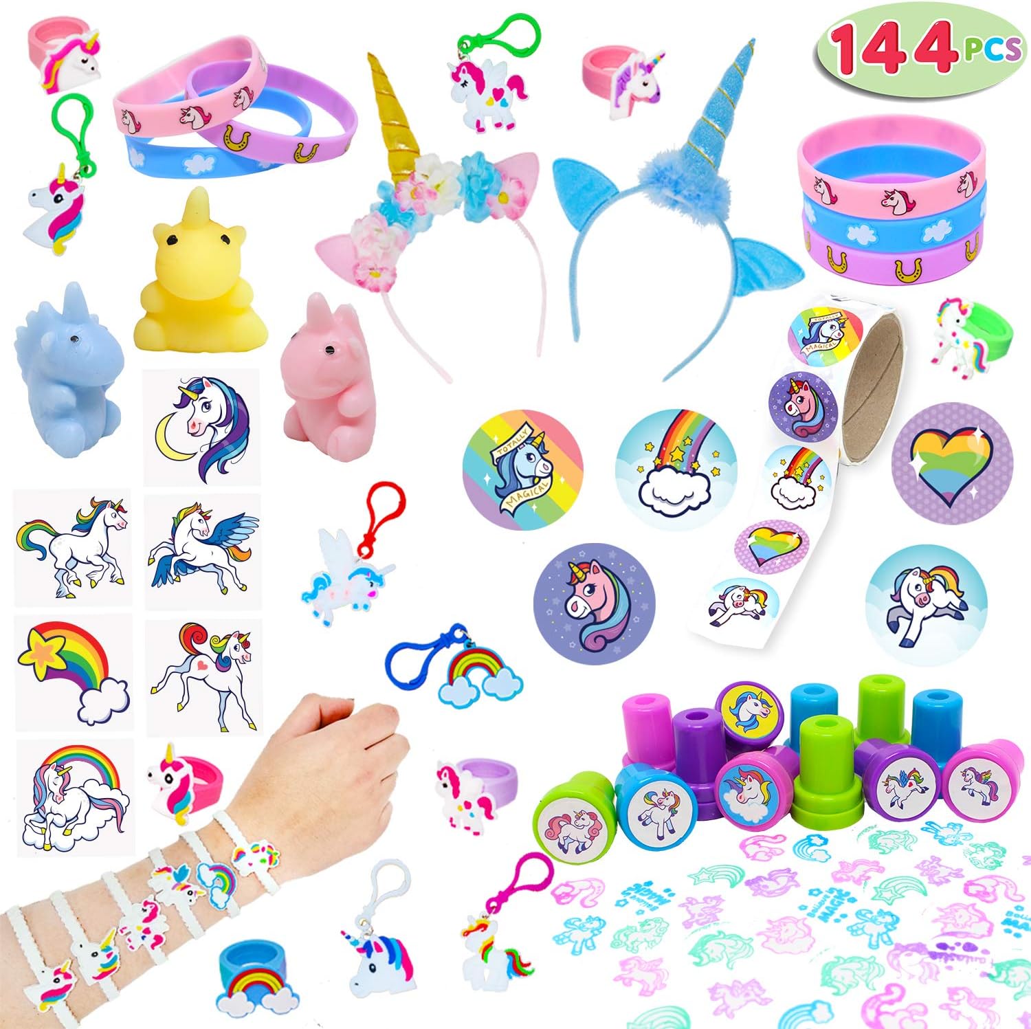 JOYIN Unicorn Party Favors Supplies Set of 144 Includes Headbands, Goodie Bags, Cupcake Toppers and Wrappers, Necklace, Sticker, Keychain, Bracelet, Tattoos, Stamp for Birthday Party Decorations