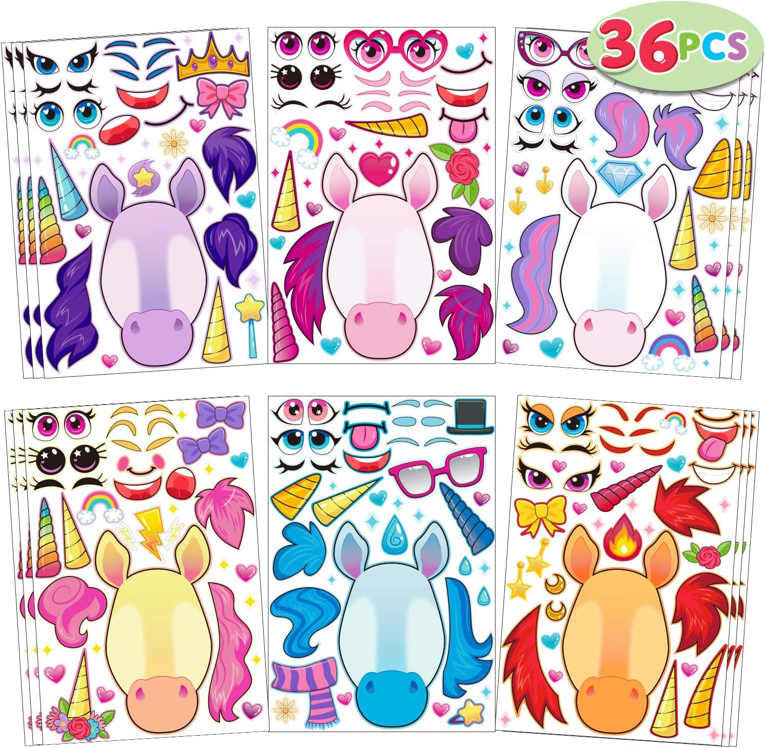 JOYIN 36 PCS 9.8x6.7 Make-a-face Sticker Sheets Make Your Own Unicorn Fantasy Animal Mix and Match Sticker Sheets with Fantasy Unicorn Animals Kids Party Favor Supplies Craft