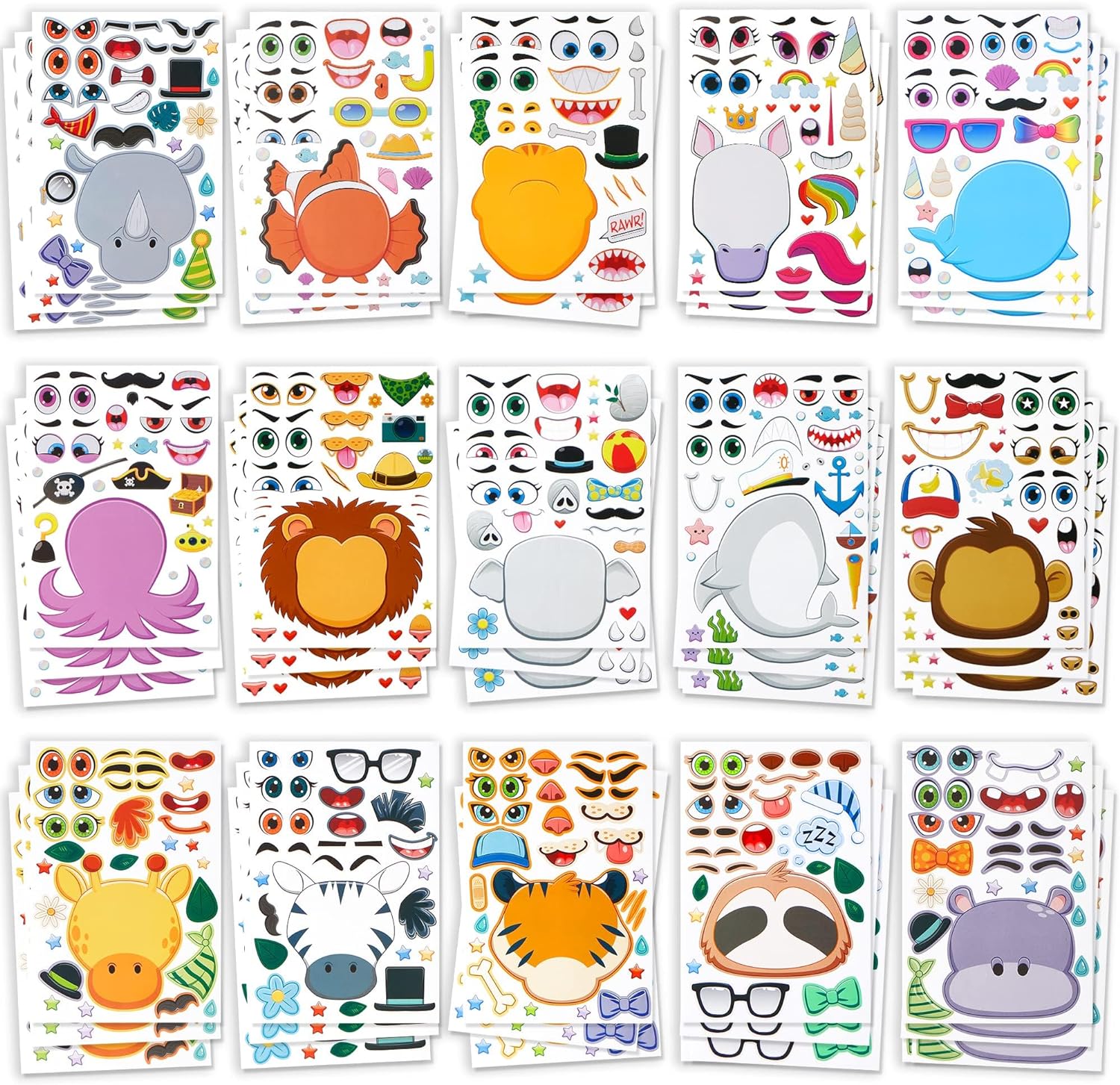 JOYIN 90 PCS 9.8x6.7 Make-a-face Sticker Sheets Make Your Own Animal Mix and Match Sticker Sheets with Safaris, Sea and Fantasy Animals Kids Party Favor Supplies Craft