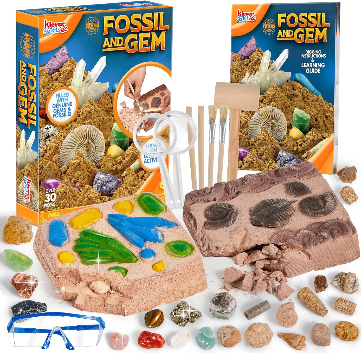 Fossil and Gemstone Digging Kit - 30+ Pcs Digging Kit for Kids Includes 24 Real Fossils, Huge Gems and Crystals, Shark Tooth, Geodes - Educational Toys, Great STEM Science Kit Gift for Girls and Boys