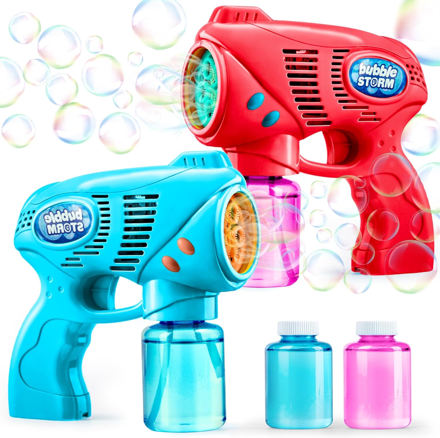 JOYIN 2 Bubble Guns with 2 Bubble Refill Solution (10 oz Total), Bubbles Maker, Blower, Machine Gun Blaster for Kids, Toddlers, Outdoors Activity, Party, Birthday Gift, Easter Bubble Toys (Blue+Red)