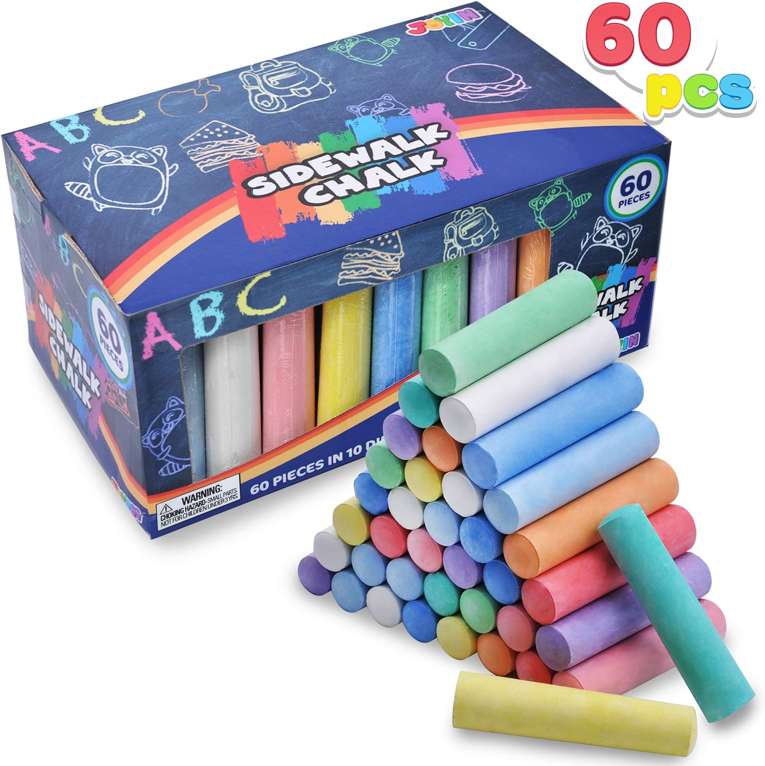 JOYIN 60 PCS Sidewalk Chalk Set (10 colors), Non-Toxic Washable Outdoor Jumbo Chalk Set for Painting on Chalkboard, Art Play and Playground Toy