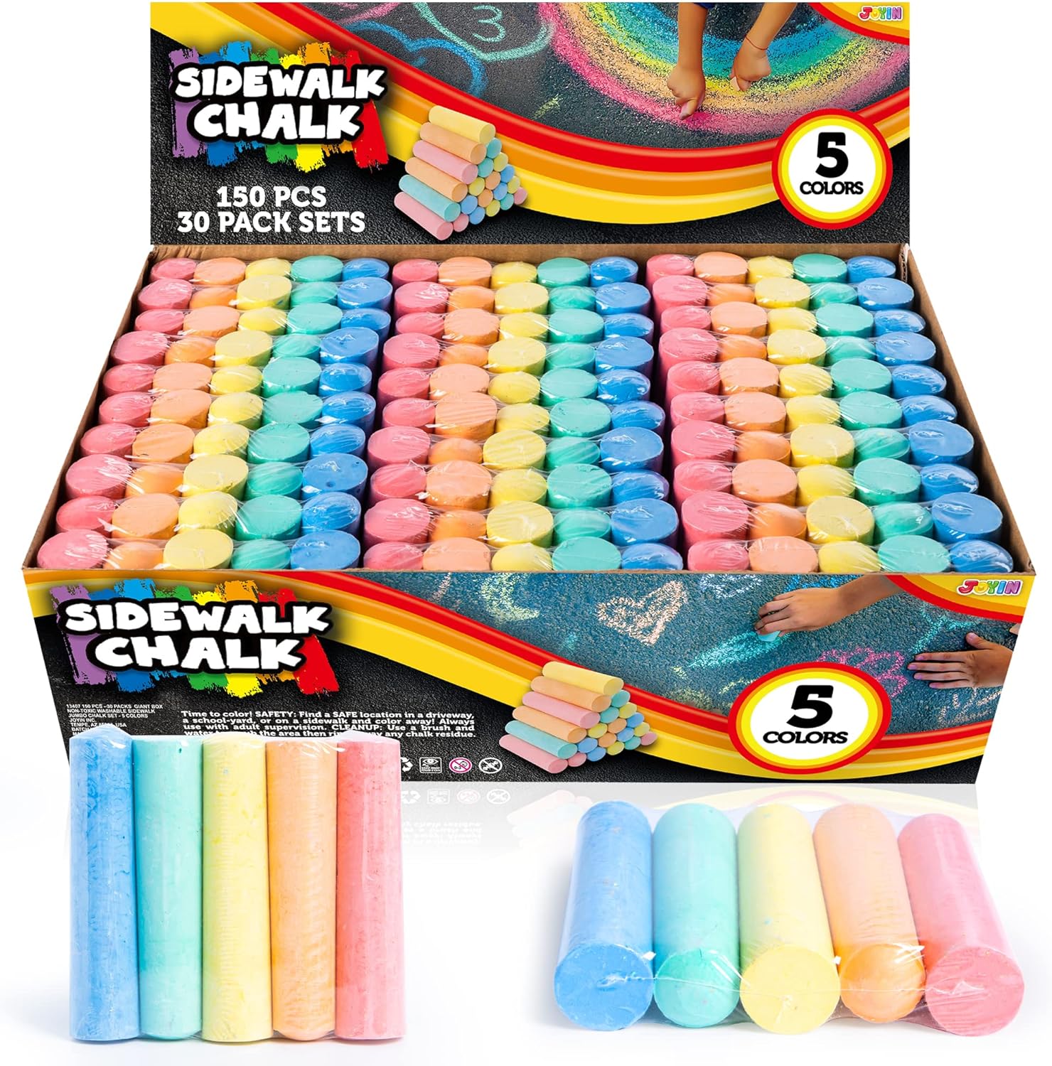 JOYIN 150 Pcs Sidewalk Chalk Set in 30 Packs, 5 Colors, Giant Box Non-Toxic Jumbo Washable Chalk for Outdoor Art Play, Painting on Chalkboard, Kitchen, Blackboard, Playground, Outdoor