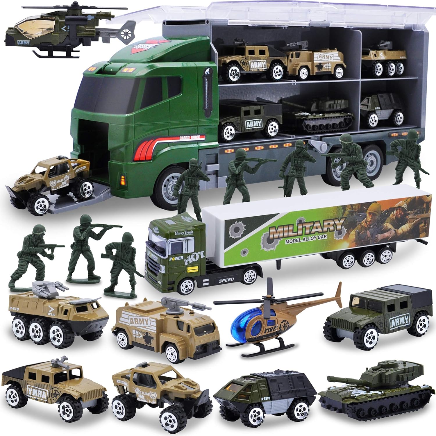 JOYIN 19 in 1 Die-cast Army Toy Truck with Little Army Figures, Mini Military Vehicles in Big Carrier Truck, Patrol Rescue Helicopter for Boys 3-9 Years Old, Kids Value Birthday Xmas Easter Gifts