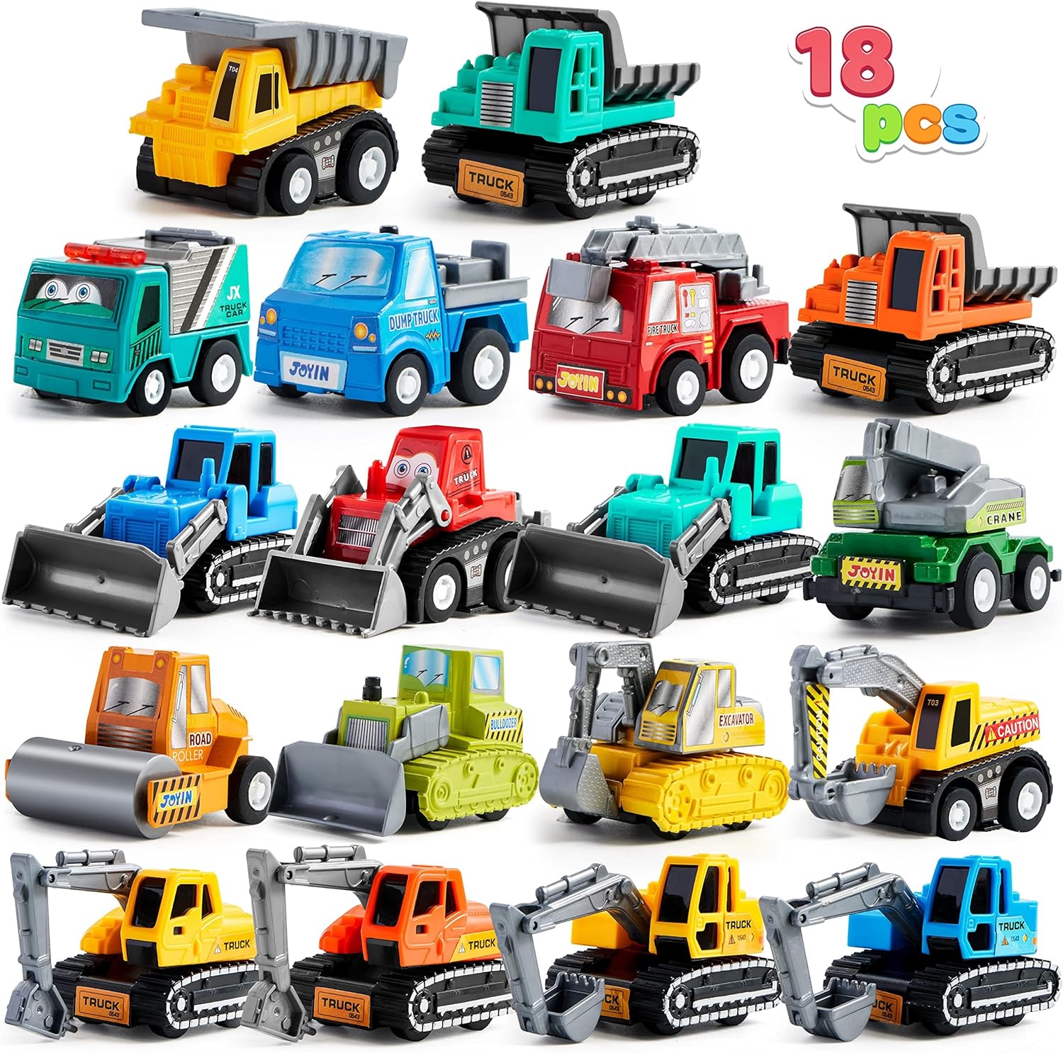 18 Piece Pull Back Car Assorted Mini Truck Model Car, Friction Powered Race Cars Vehicle Set for Toddlers, Boys, and Girls Educational Pretend Play