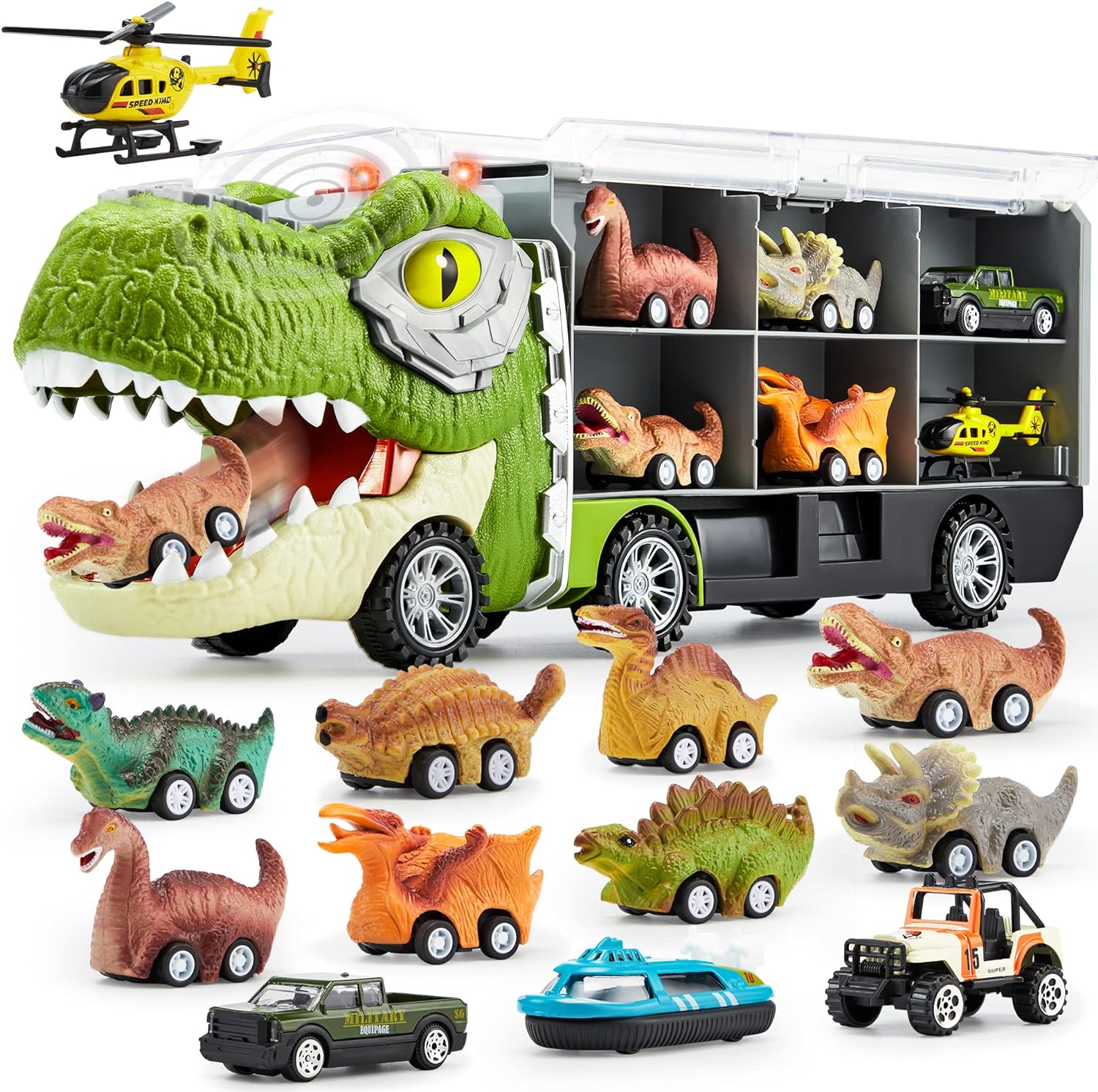 JOYIN 13 in 1 Dinosaur Truck Toys for Kids 3-5, 12 Pull Back Dinosaur Vehicles, Transport Carrier Truck, Music & Roaring Sound, Lights, Mini Dinosaur Car Set, Helicopter - Boy Toys Birthday Gifts