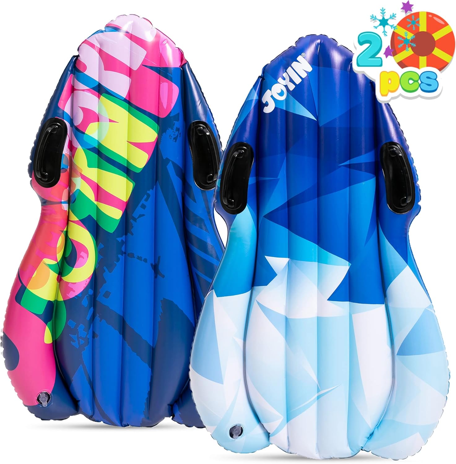 JOYIN Inflatable Snow Sleds (2 Pack), 40 Heavy Duty Snow Tube with Handles, Snow Sled for Kids and Adults Cold Resistant Winter Toys Gifts,Toboggan for Family Winter Outdoor Activities