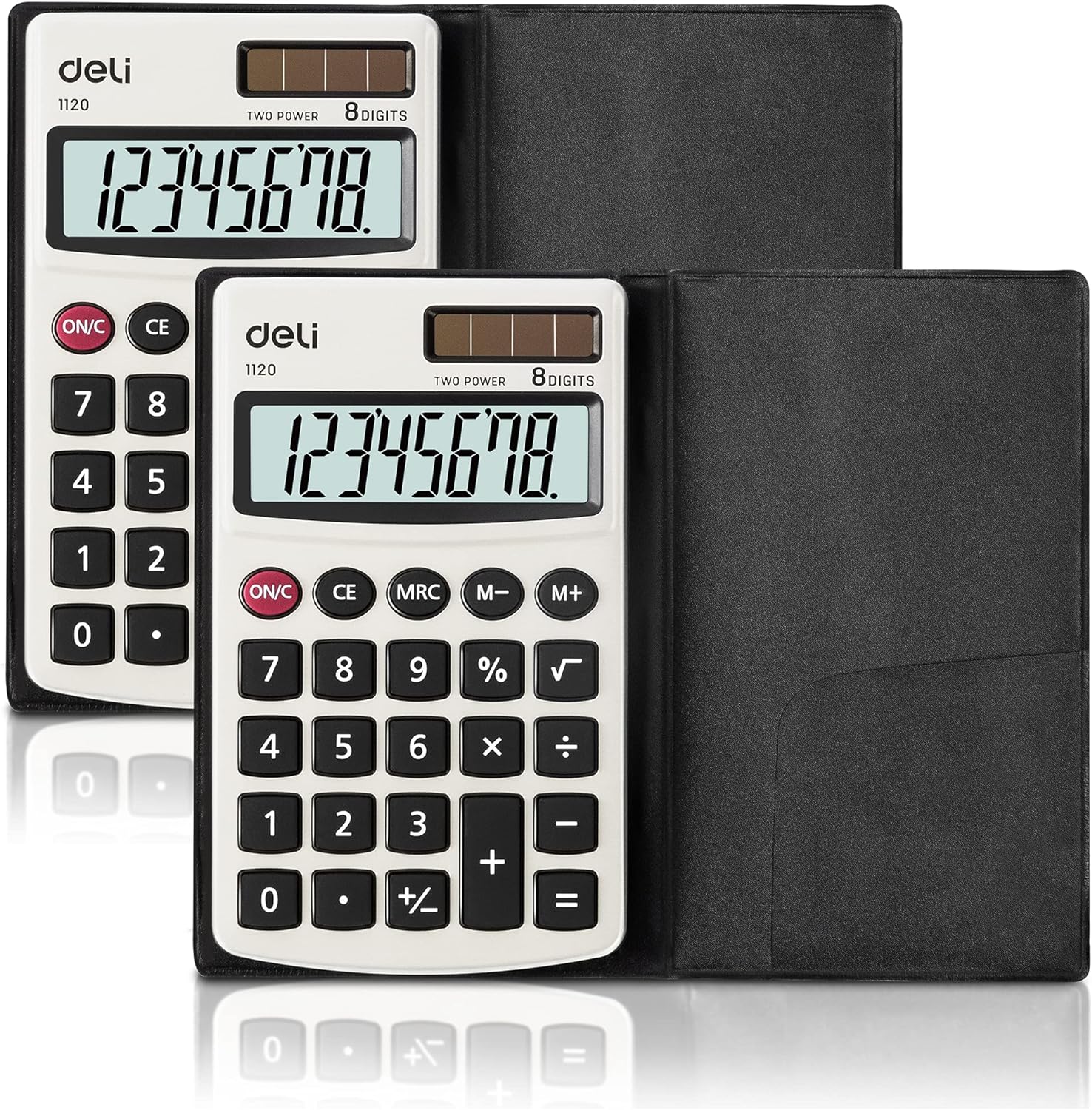 Calculator, Deli Standard Function Basic Calculators, Solar Battery Dual Power Office Calculator with Cover, Metal Panel, 2 Pack