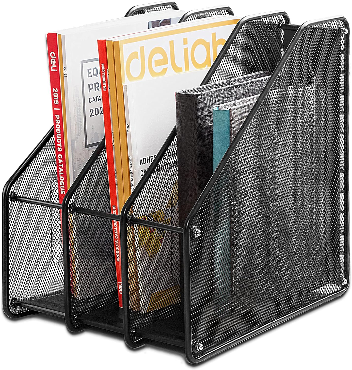 deli Mesh Magazine File Holder, Desk Organizer File Folder Document Rack for Office Organization and Storage, 3 Vertical Compartments, Black