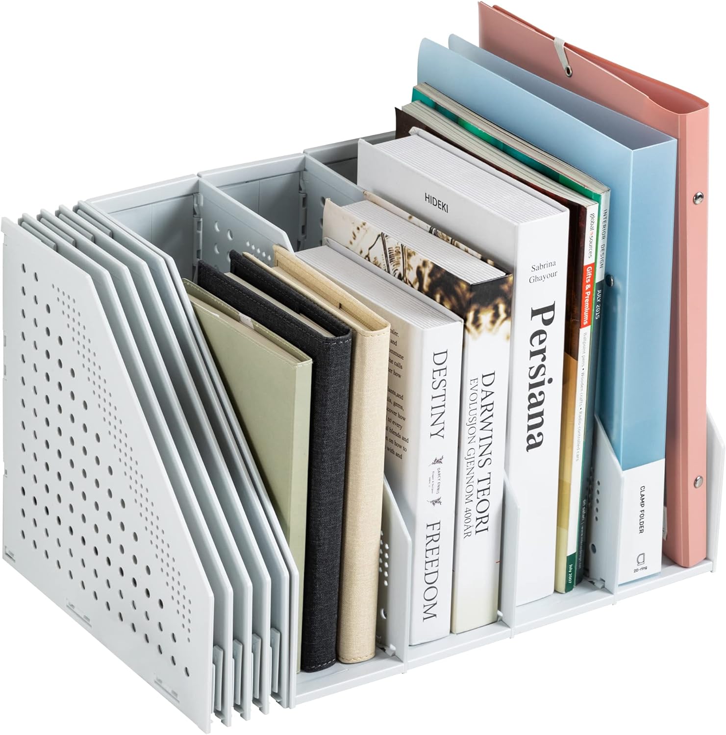 Deli Collapsible Magazine File Holder, Desk Organizer Document Folder for Office Organization and Storage, 4 Vertical Compartments, Gray