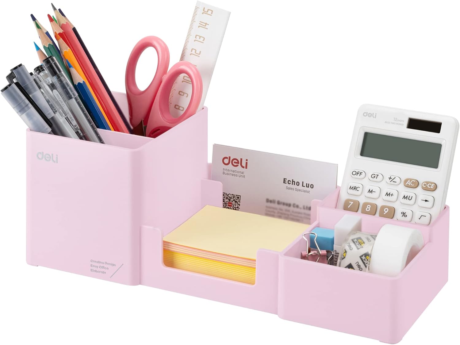 deli Desk Organizer, Plastic Desktop Organizer with Pencil Holder and Sticky Note Tray, Office Stationery Supplies Organizers Accessories Caddy, 6 Compartments, Pink