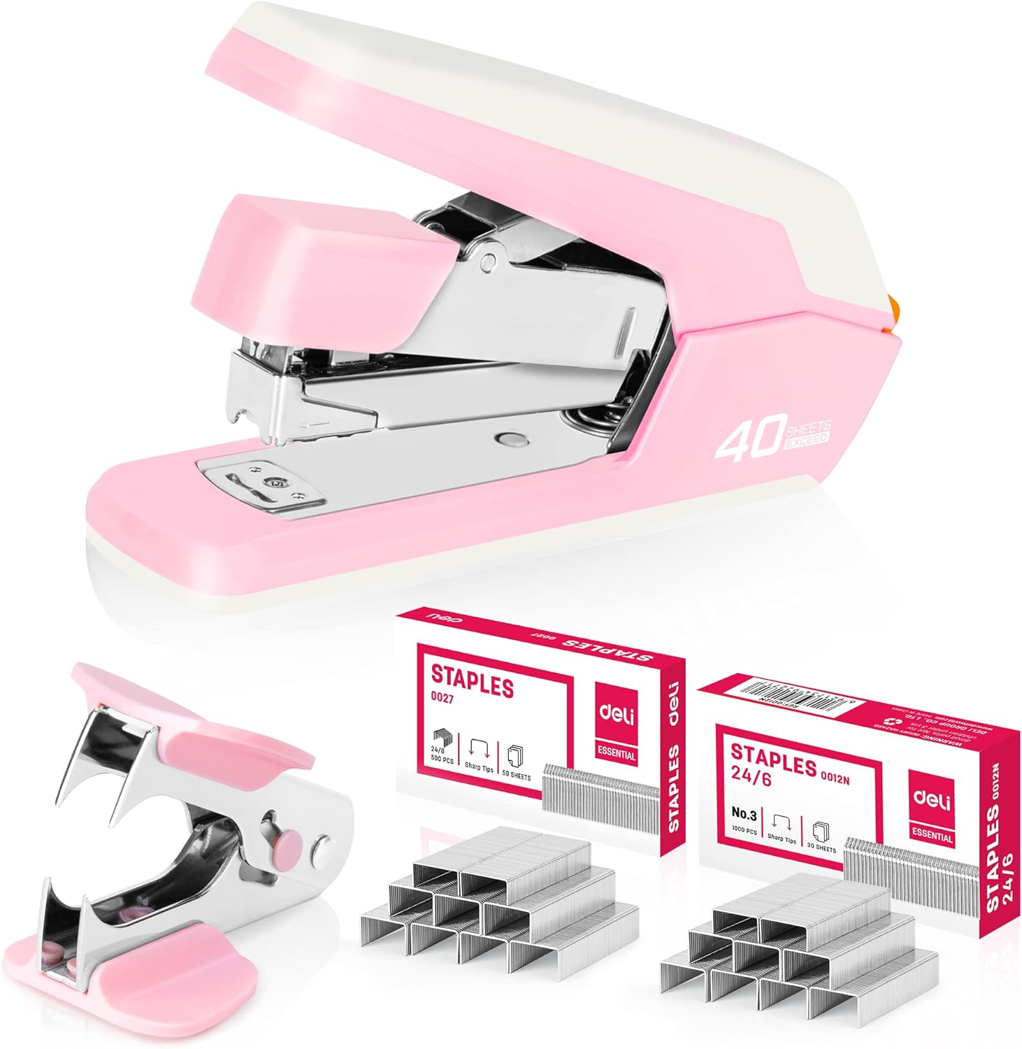 Deli Effortless Desktop Stapler, Heavy Duty Stapler, 40 Sheet Capacity, One Finger, No Effort, Includes Staples & Staple Remover, Pink
