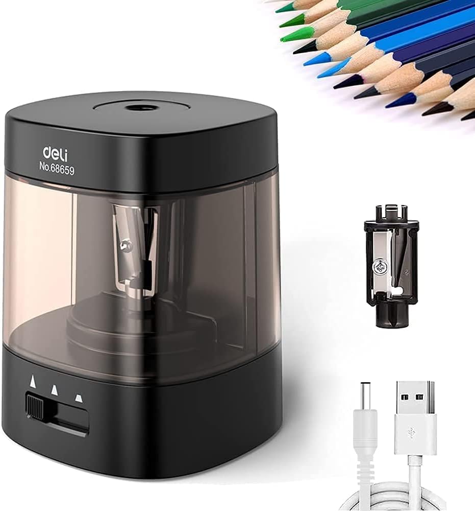 Deli Electric Pencil Sharpener, Automatic Pencil Sharpeners for No.2 Pencils Colored Pencils, USB & Battery Operated Pencil Sharpener for Kids, School, Home, Office, Classroom, Black