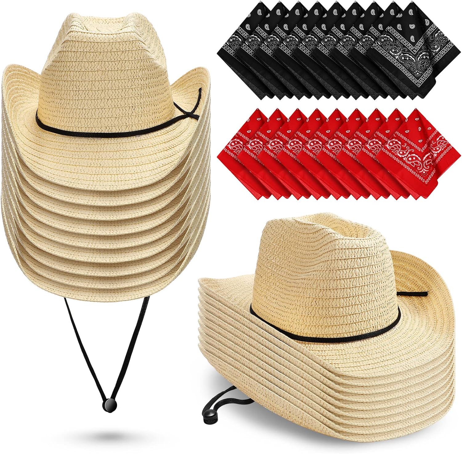 Zhanmai 18 Set Cowboy Hats and Bandanas Set Straw Cowboy Hat Party Bandanas Western Party Cowboy Accessories