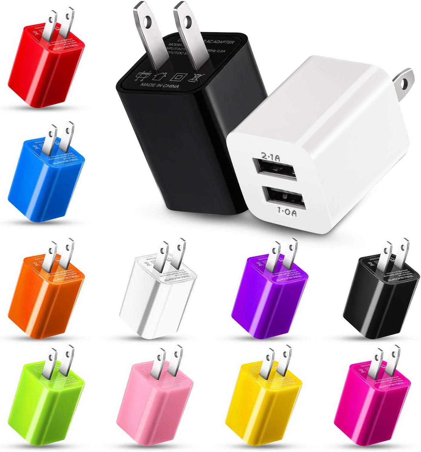 12 Pieces Dual Port USB Wall Charger USB Charger Adapter Quick Charger Cube 2.1A USB Charger Wall Plug Charging Block Replacement for Most Smartphones and Tablets (Multiple Colors)