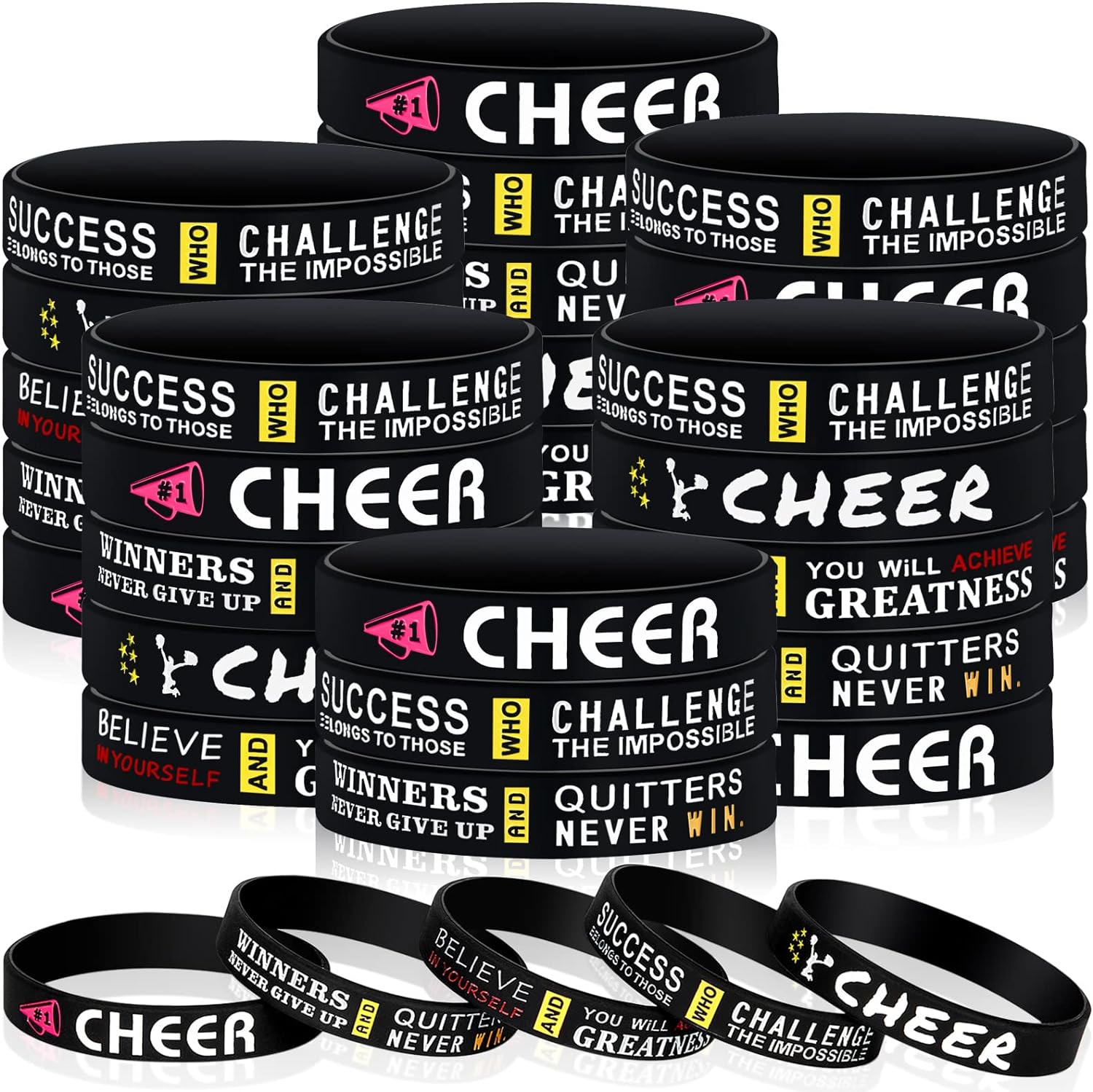 Cheerleading Inspirational Silicone Wristbands Cheer Silicone Bracelet Cheer Gifts Motivational Quotes Rubber Cheer Bracelets for Women Girls Cheer Team Cheerleading Theme Party Supplies (36 Pieces)