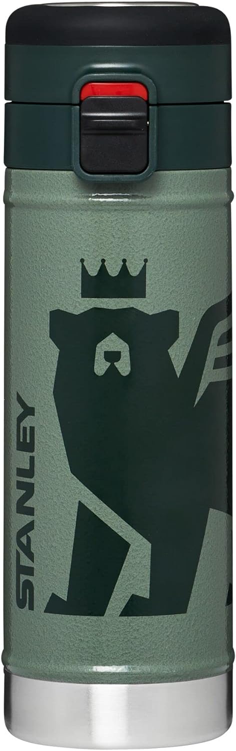 Stanley FlowSteady Bear Cub Bottle, 17oz, Stainless Steel Insulated Water Bottle for Kids (8 and Above) with 3 Interchangeable Metal Badges, Hammertone Green